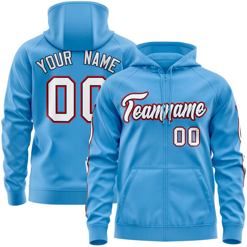 Custom Stitched Light Blue White Sports Full-Zip Sweatshirt Hoodie with Flame