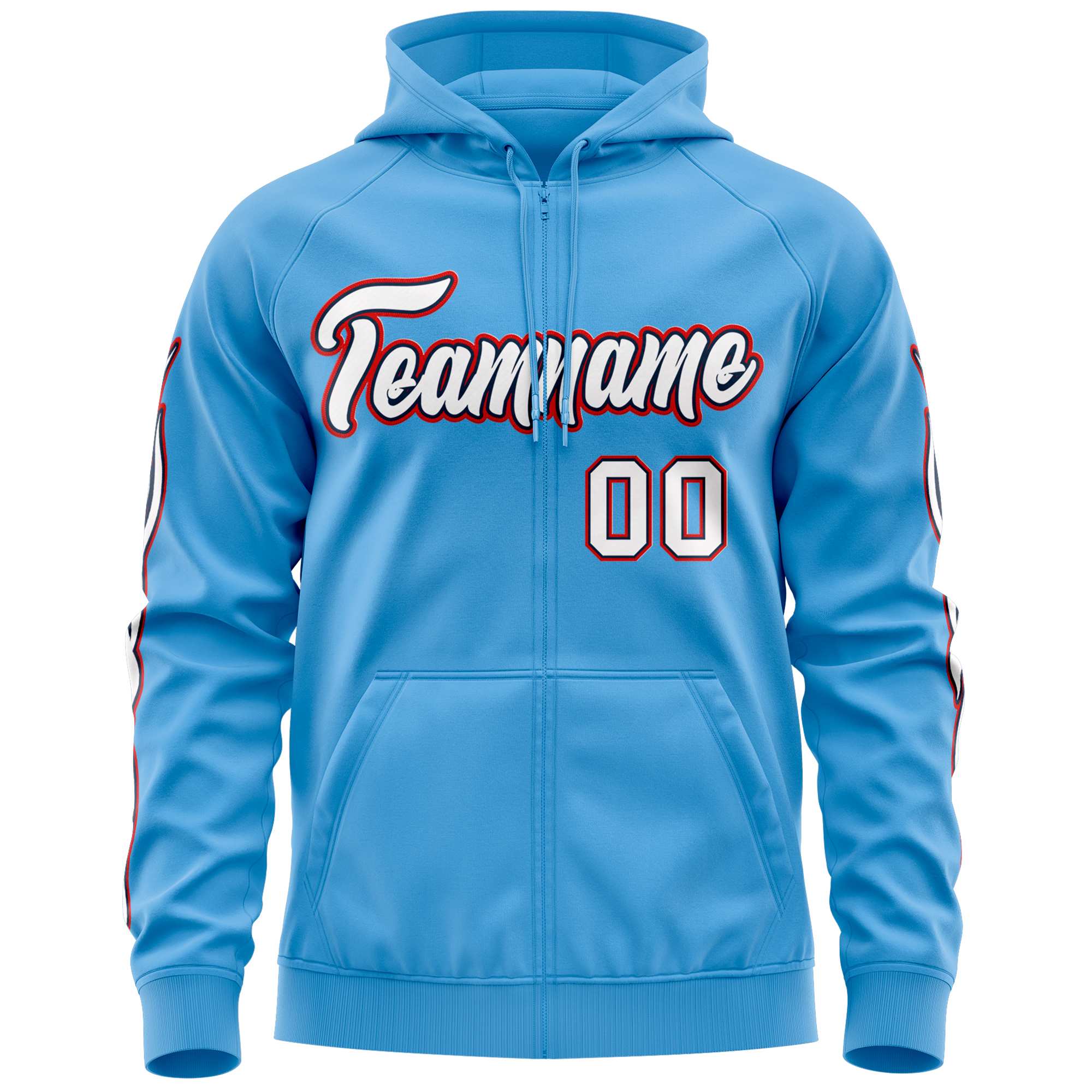 Custom Stitched Light Blue White Sports Full-Zip Sweatshirt Hoodie with Flame