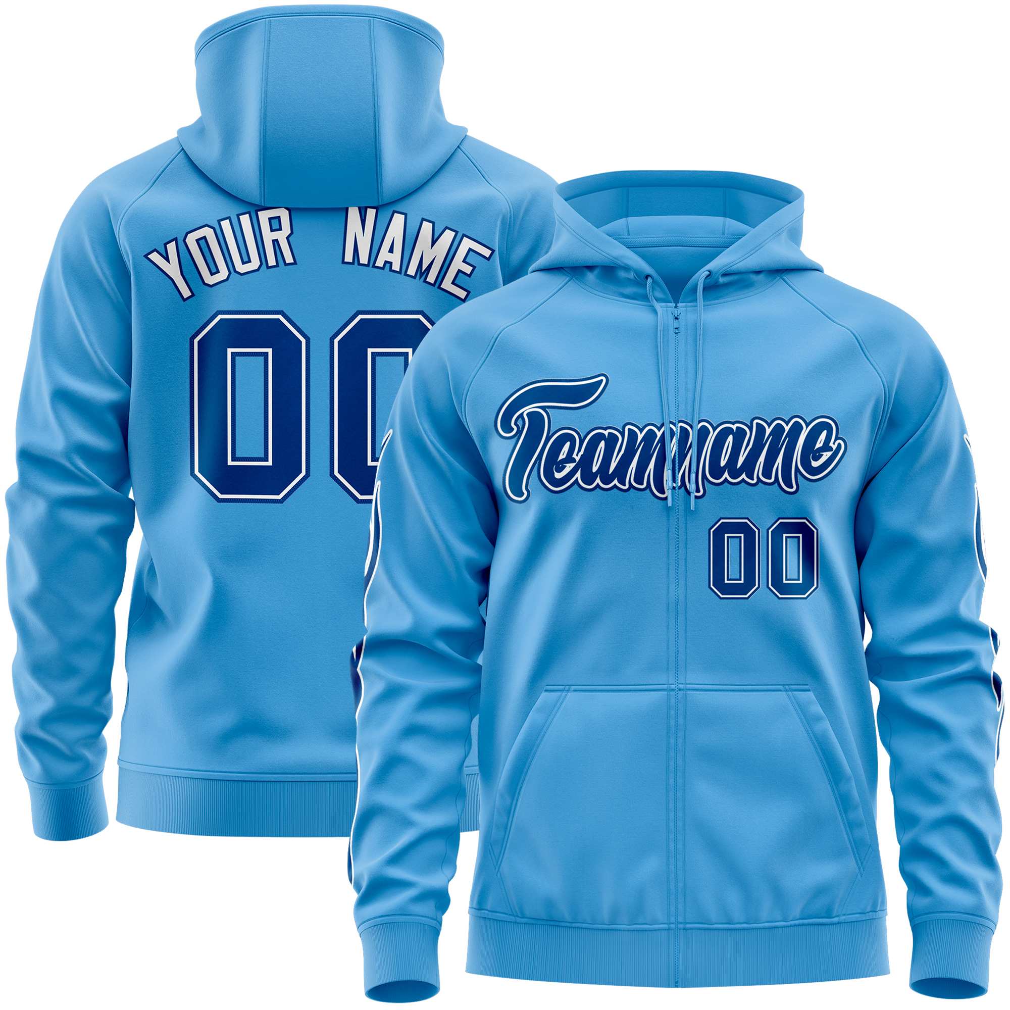 Custom Stitched Light Blue Royal Sports Full-Zip Sweatshirt Hoodie with Flame