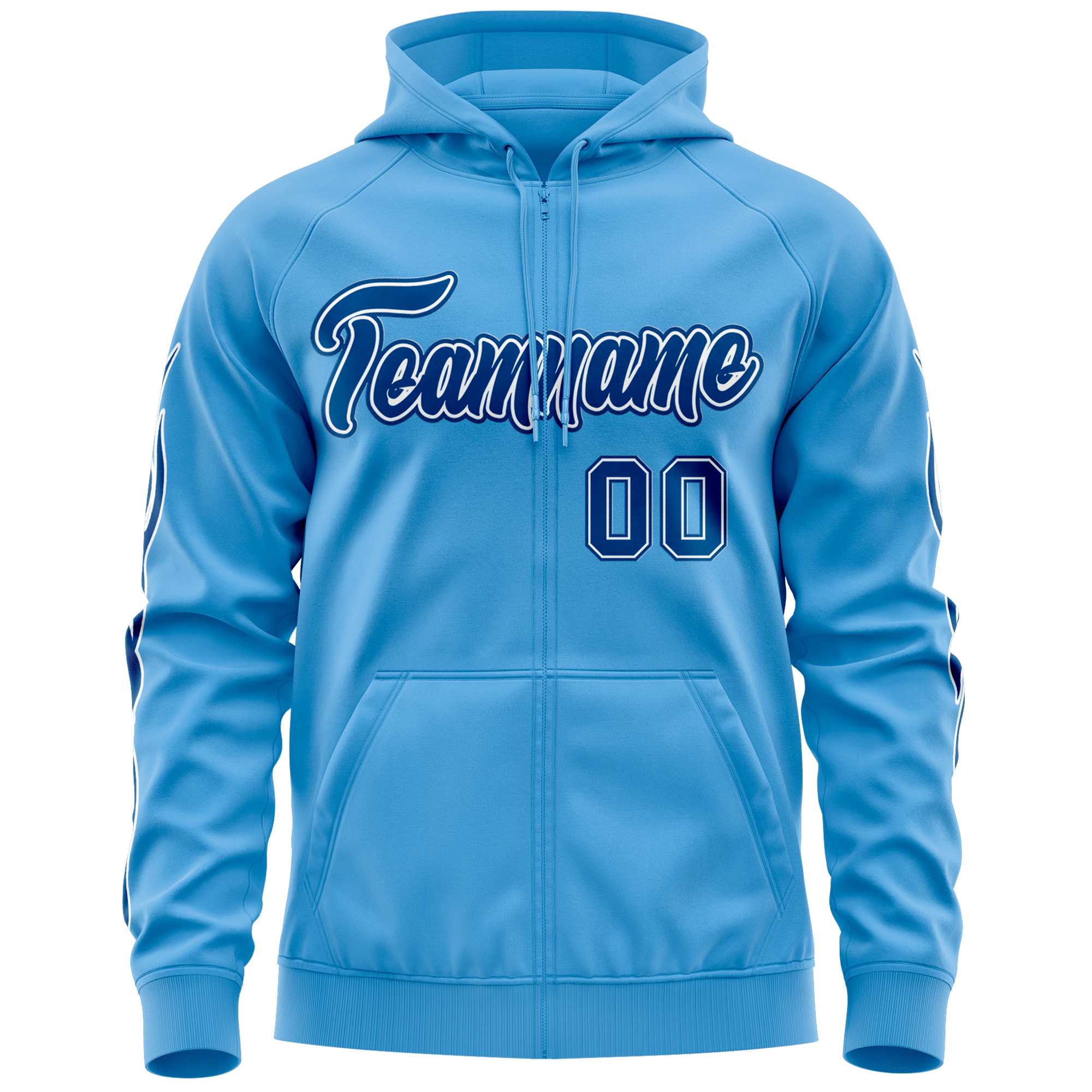 Custom Stitched Light Blue Royal Sports Full-Zip Sweatshirt Hoodie with Flame