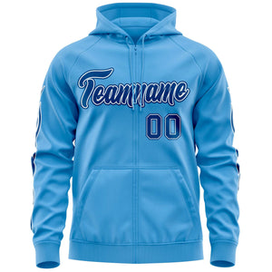 Custom Stitched Light Blue Royal Sports Full-Zip Sweatshirt Hoodie with Flame