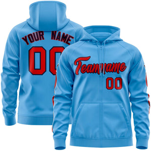 Custom Stitched Light Blue Red Sports Full-Zip Sweatshirt Hoodie with Flame