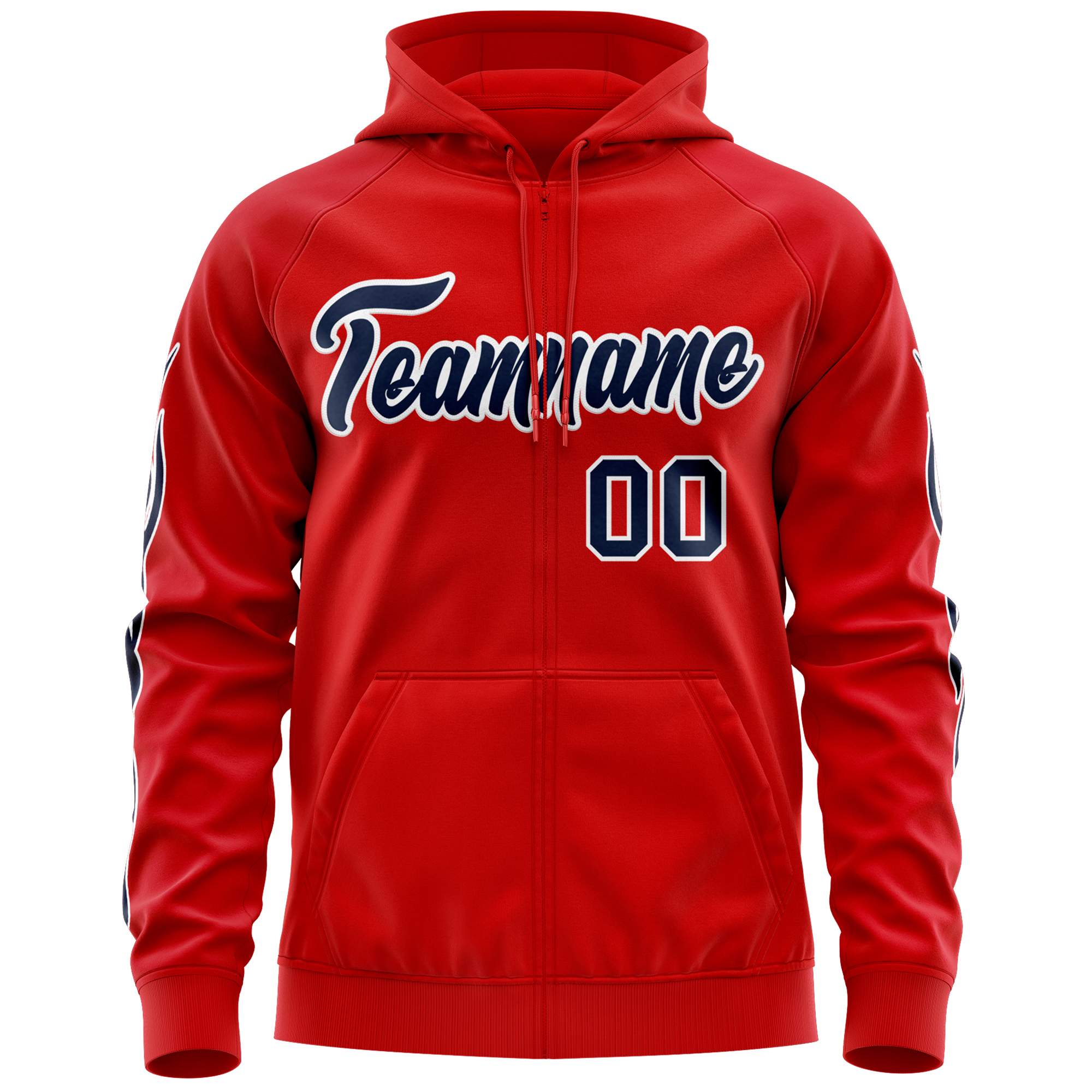 Custom Stitched Red Navy Sports Full-Zip Sweatshirt Hoodie with Flame