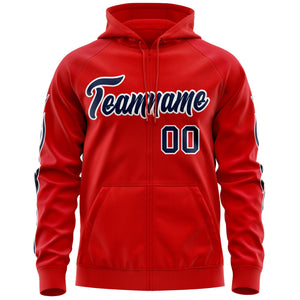 Custom Stitched Red Navy Sports Full-Zip Sweatshirt Hoodie with Flame