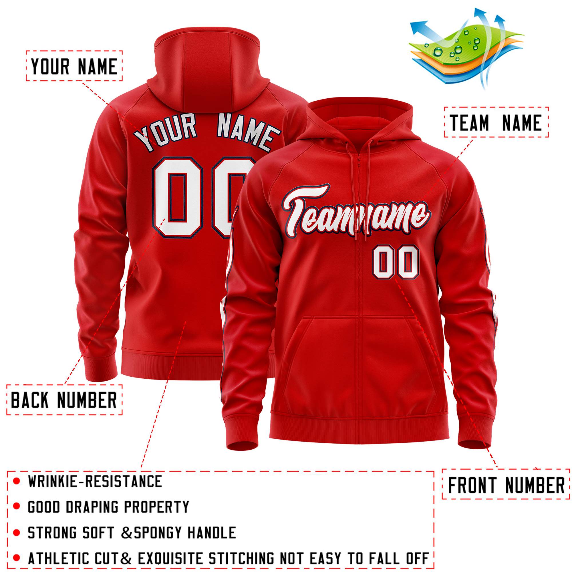 Custom Stitched Red White Sports Full-Zip Sweatshirt Hoodie with Flame