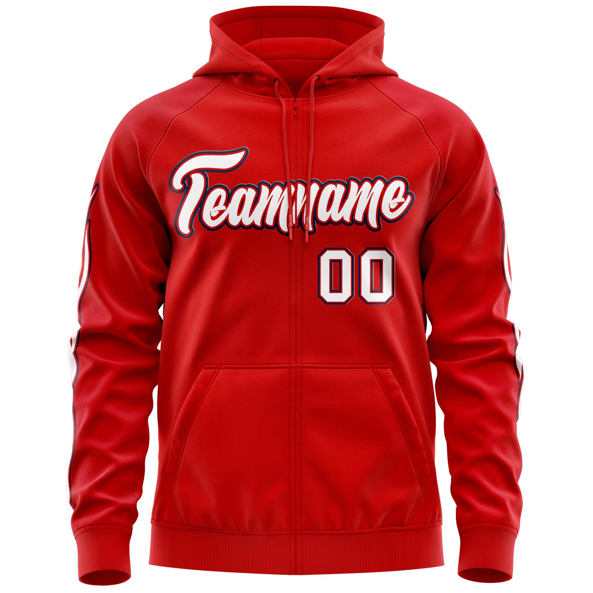 Custom Stitched Red White Sports Full-Zip Sweatshirt Hoodie with Flame