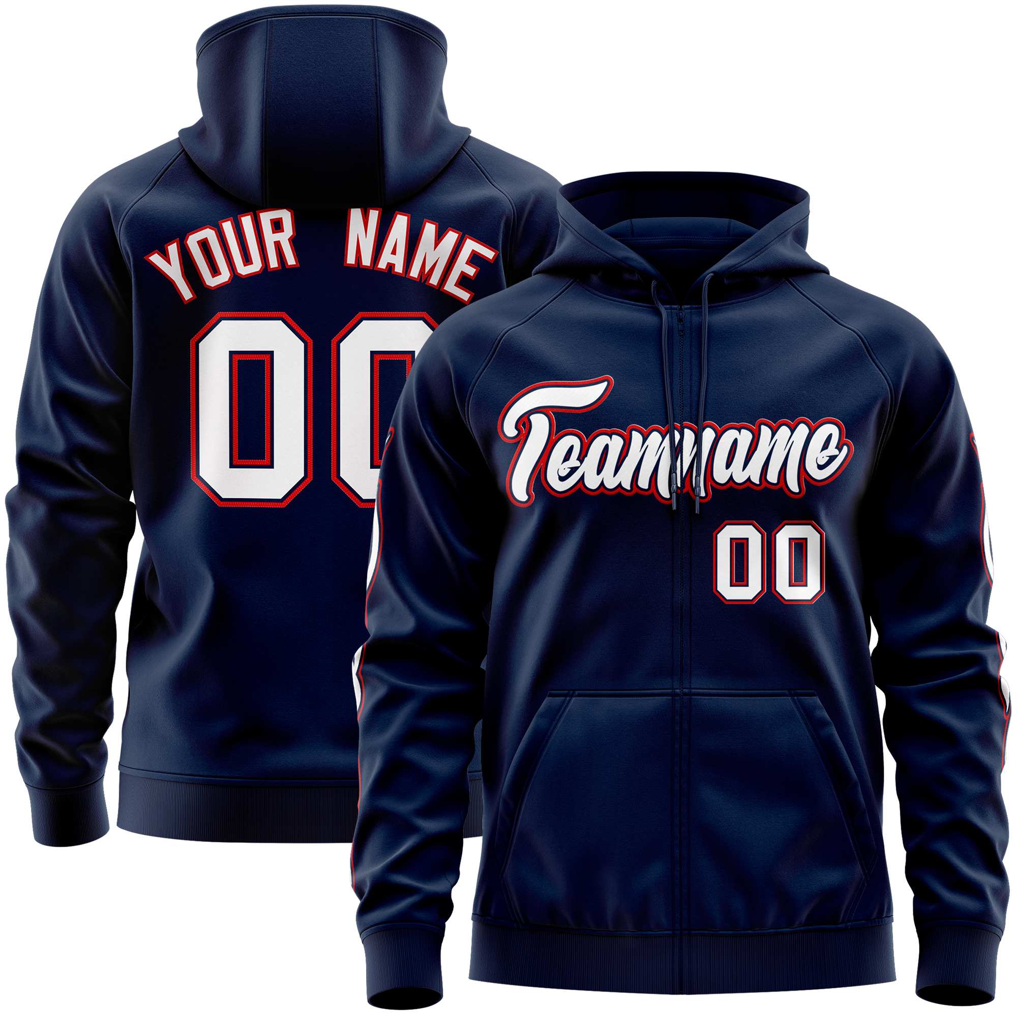 Custom Stitched Navy White Sports Full-Zip Sweatshirt Hoodie with Flame