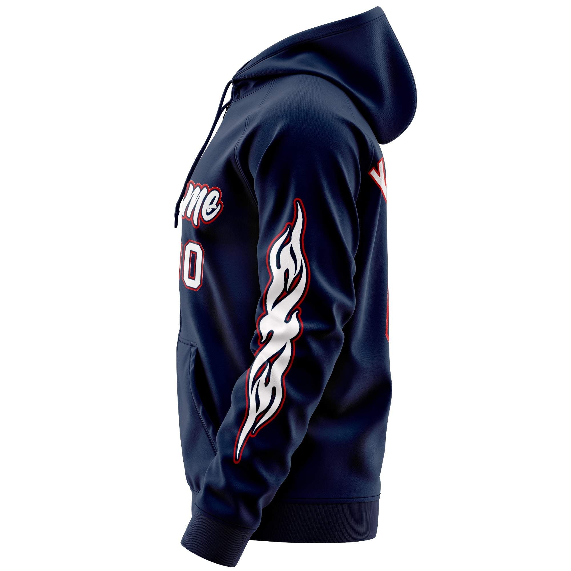 Custom Stitched Navy White Sports Full-Zip Sweatshirt Hoodie with Flame