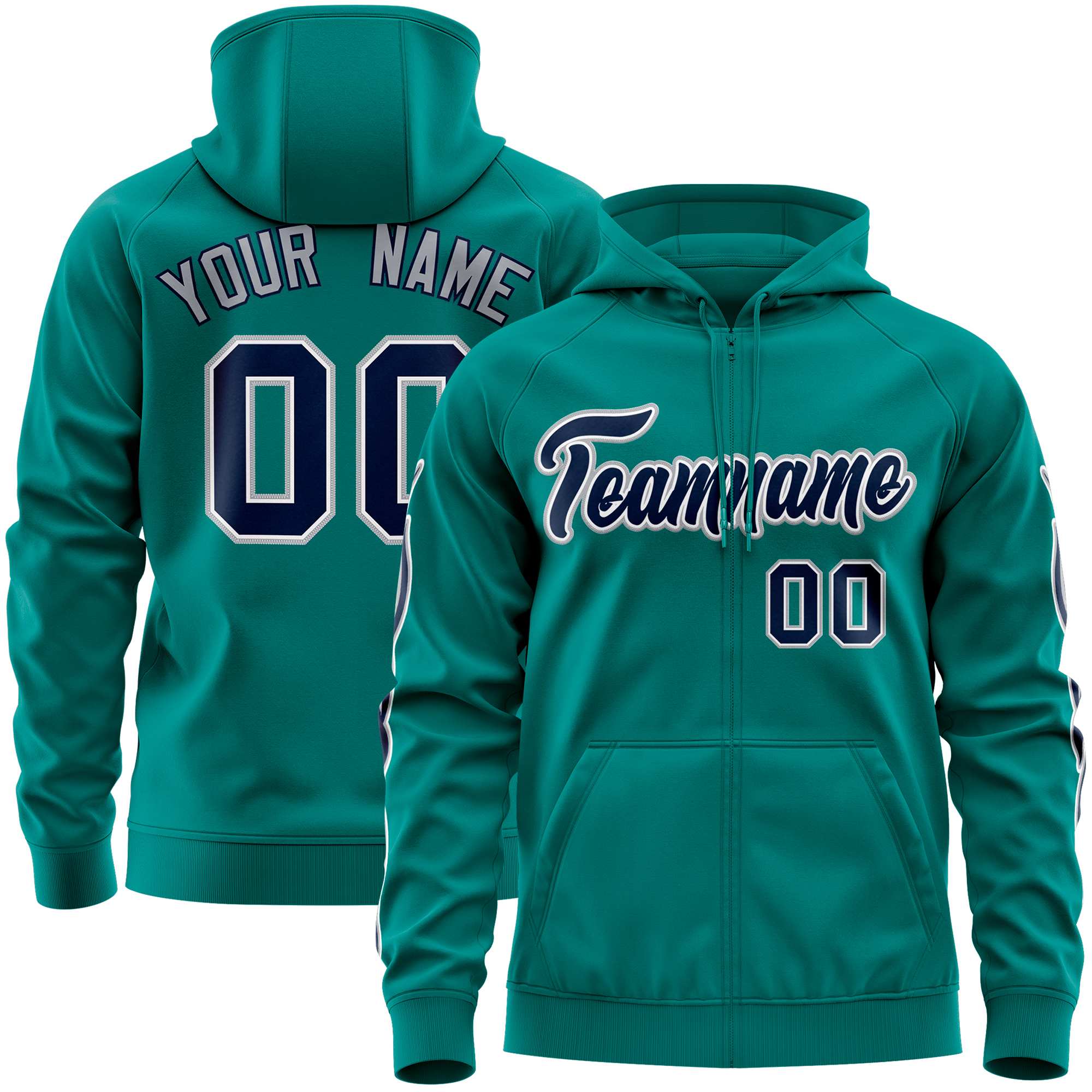 Custom Stitched Aqua Navy Sports Full-Zip Sweatshirt Hoodie with Flame