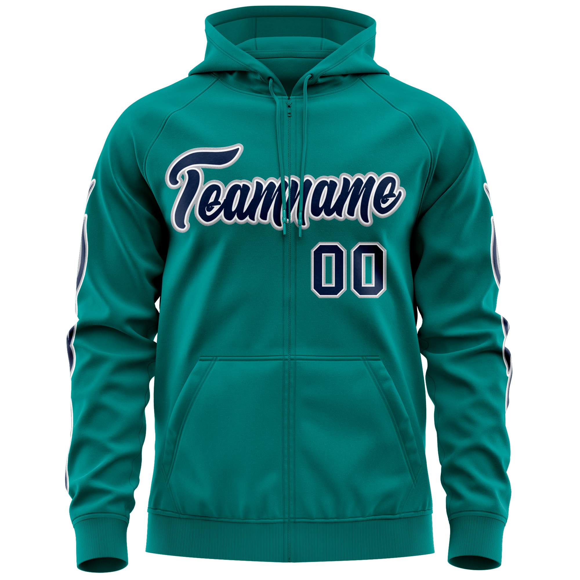 Custom Stitched Aqua Navy Sports Full-Zip Sweatshirt Hoodie with Flame