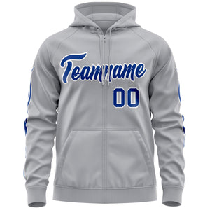 Custom Stitched Gray Royal Sports Full-Zip Sweatshirt Hoodie with Flame