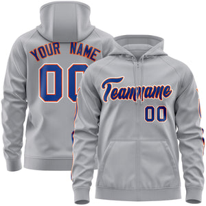 Custom Stitched Gray Royal Sports Full-Zip Sweatshirt Hoodie with Flame