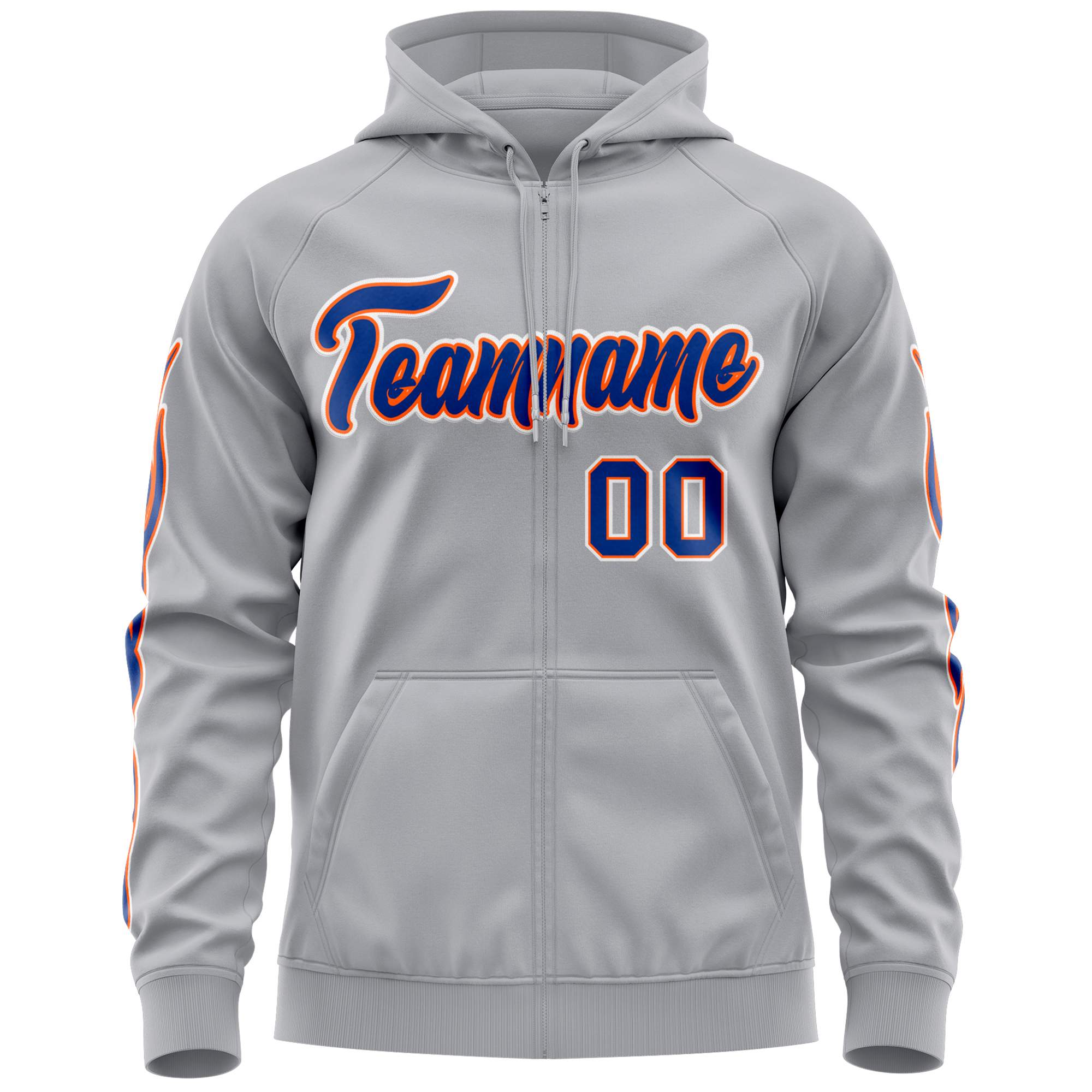 Custom Stitched Gray Royal Sports Full-Zip Sweatshirt Hoodie with Flame