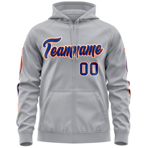 Custom Stitched Gray Royal Sports Full-Zip Sweatshirt Hoodie with Flame