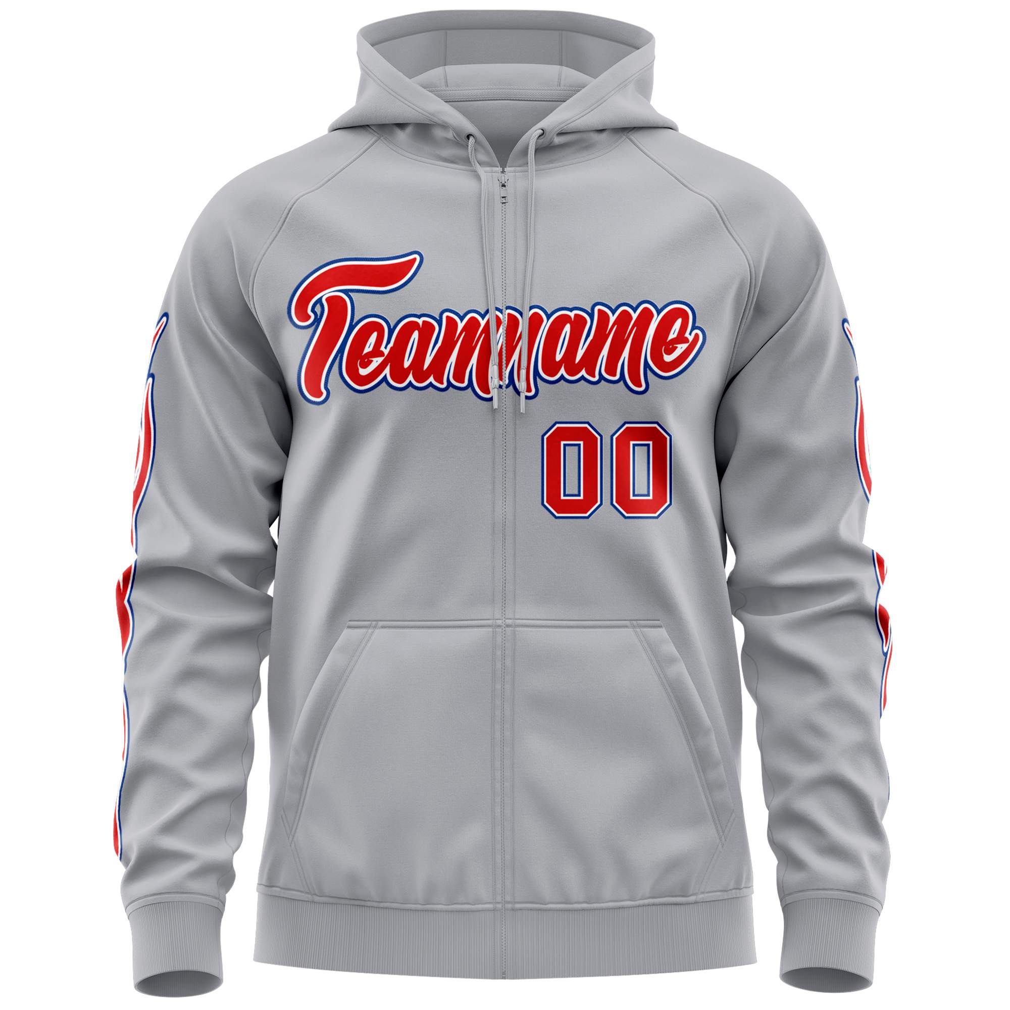 Custom Stitched Gray Red Sports Full-Zip Sweatshirt Hoodie with Flame