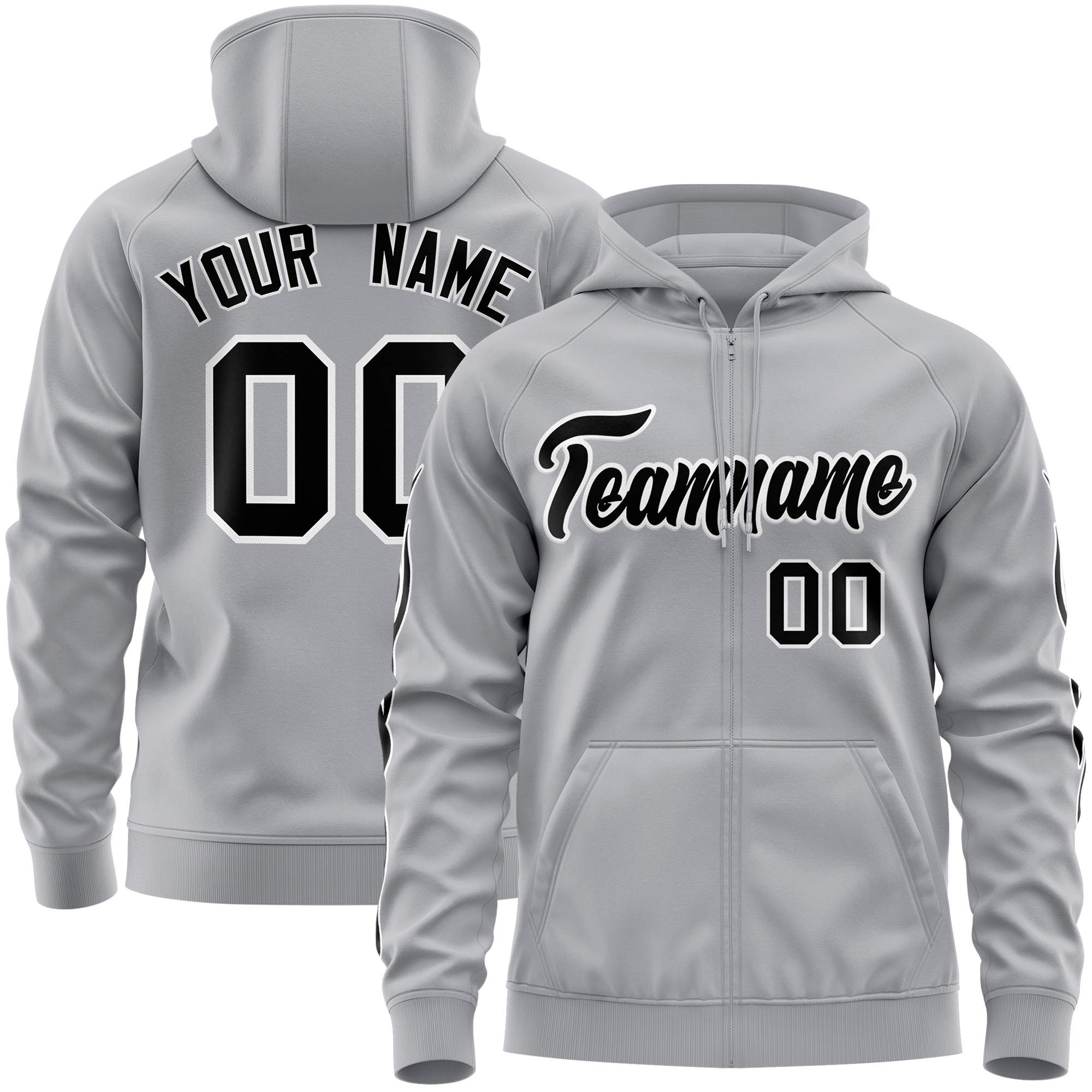 Custom Stitched Gray Black Sports Full-Zip Sweatshirt Hoodie with Flame