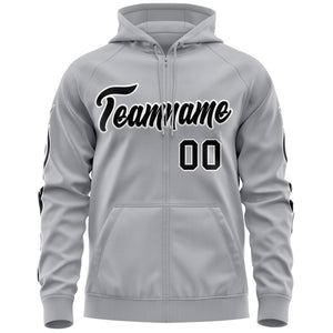 Custom Stitched Gray Black Sports Full-Zip Sweatshirt Hoodie with Flame