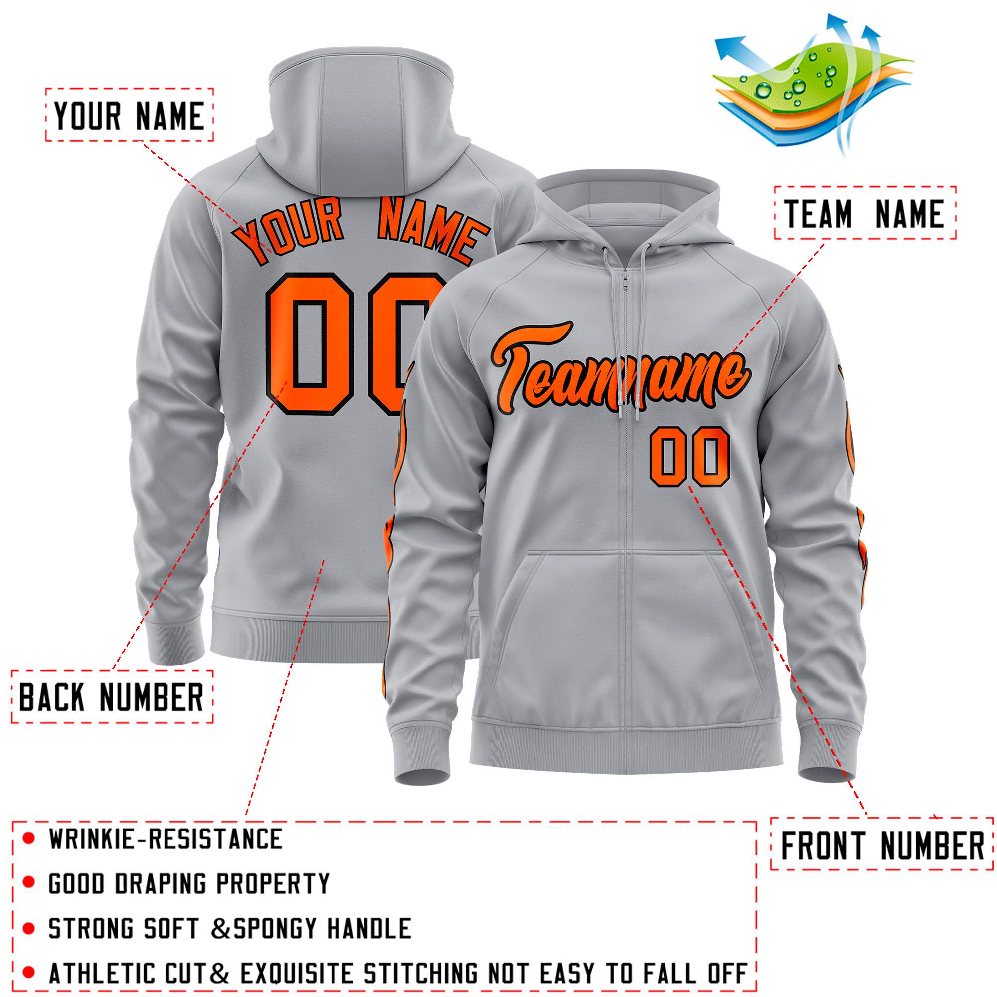 Custom Stitched Gray Orange Sports Full-Zip Sweatshirt Hoodie with Flame