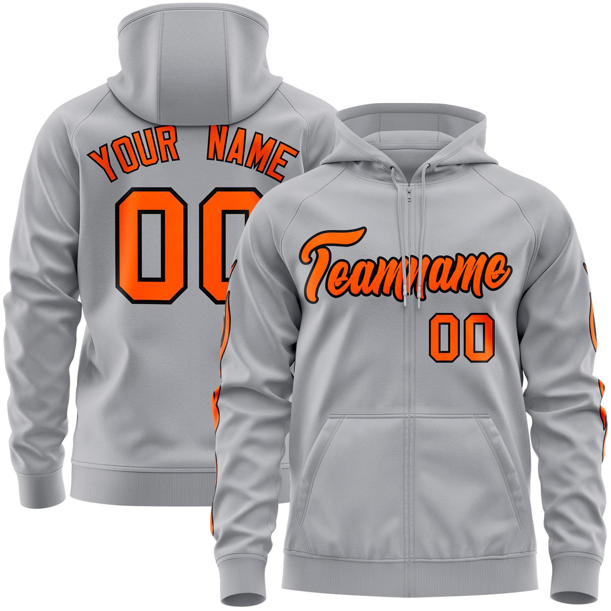 Custom Stitched Gray Orange Sports Full-Zip Sweatshirt Hoodie with Flame