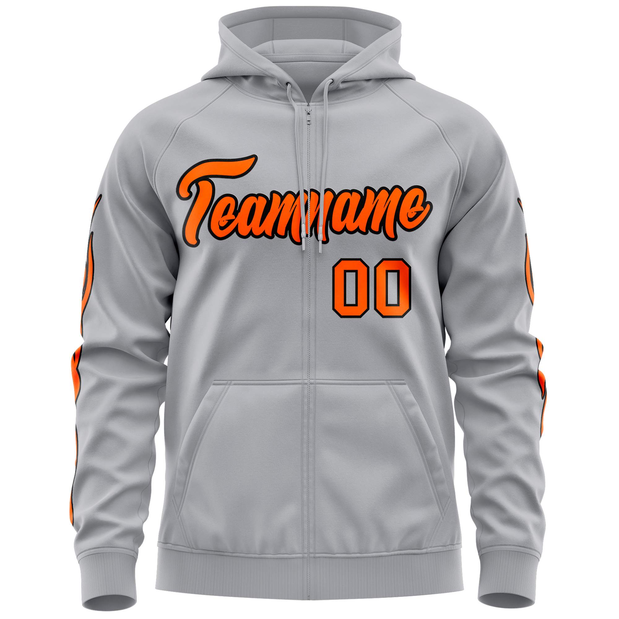 Custom Stitched Gray Orange Sports Full-Zip Sweatshirt Hoodie with Flame