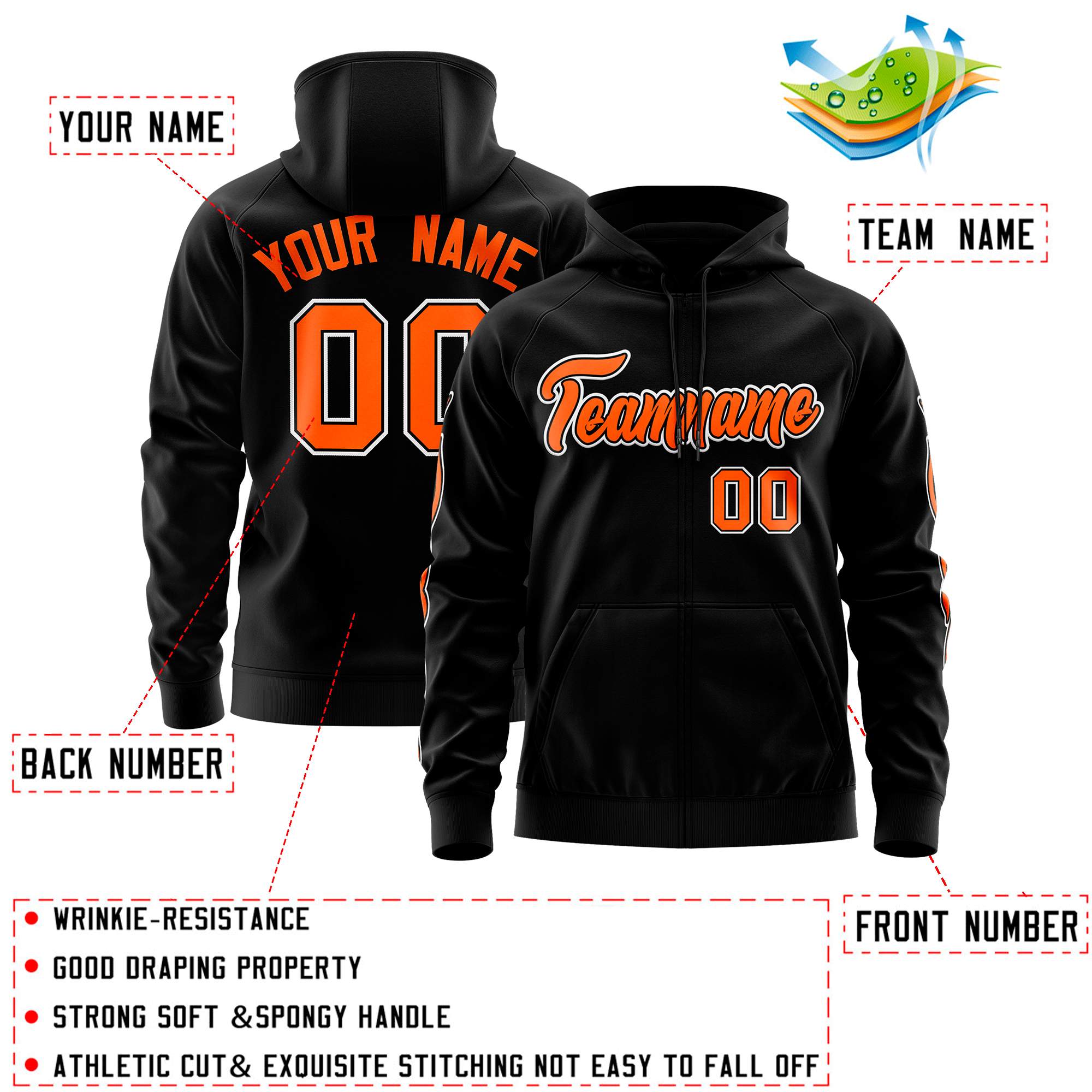 Custom Stitched Black Orange Sports Full-Zip Sweatshirt Hoodie with Flame