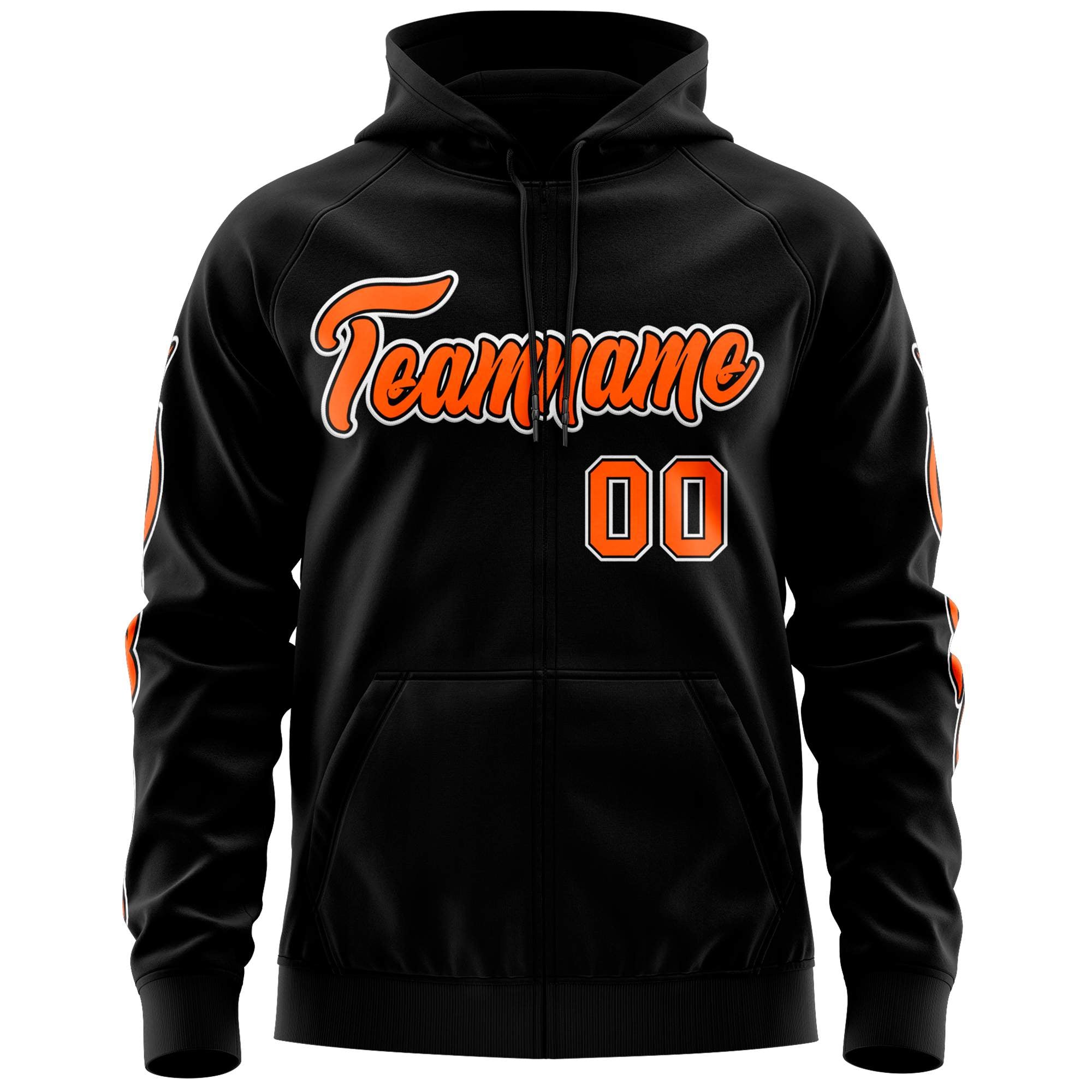 Custom Stitched Black Orange Sports Full-Zip Sweatshirt Hoodie with Flame