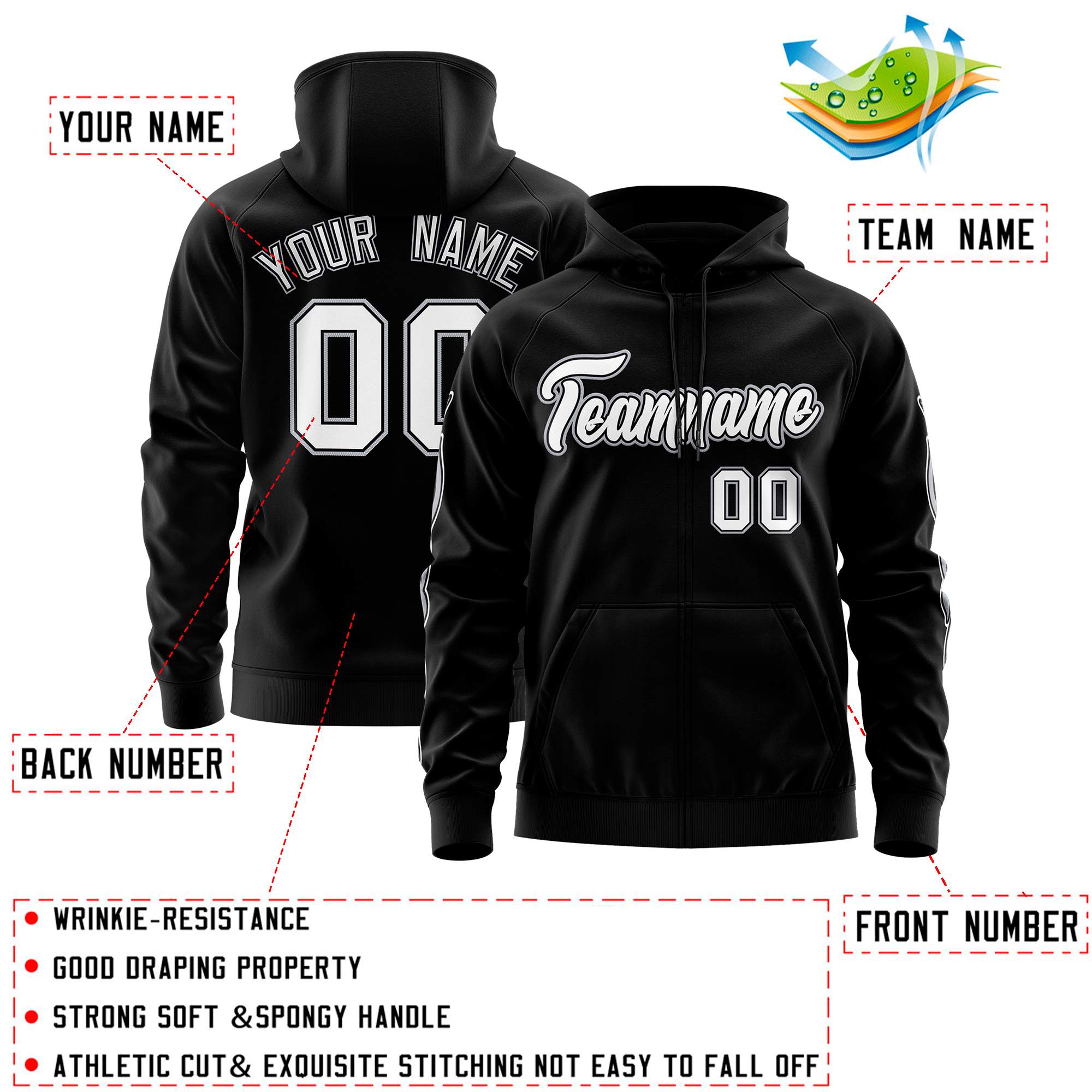 Custom Stitched Black White Sports Full-Zip Sweatshirt Hoodie with Flame