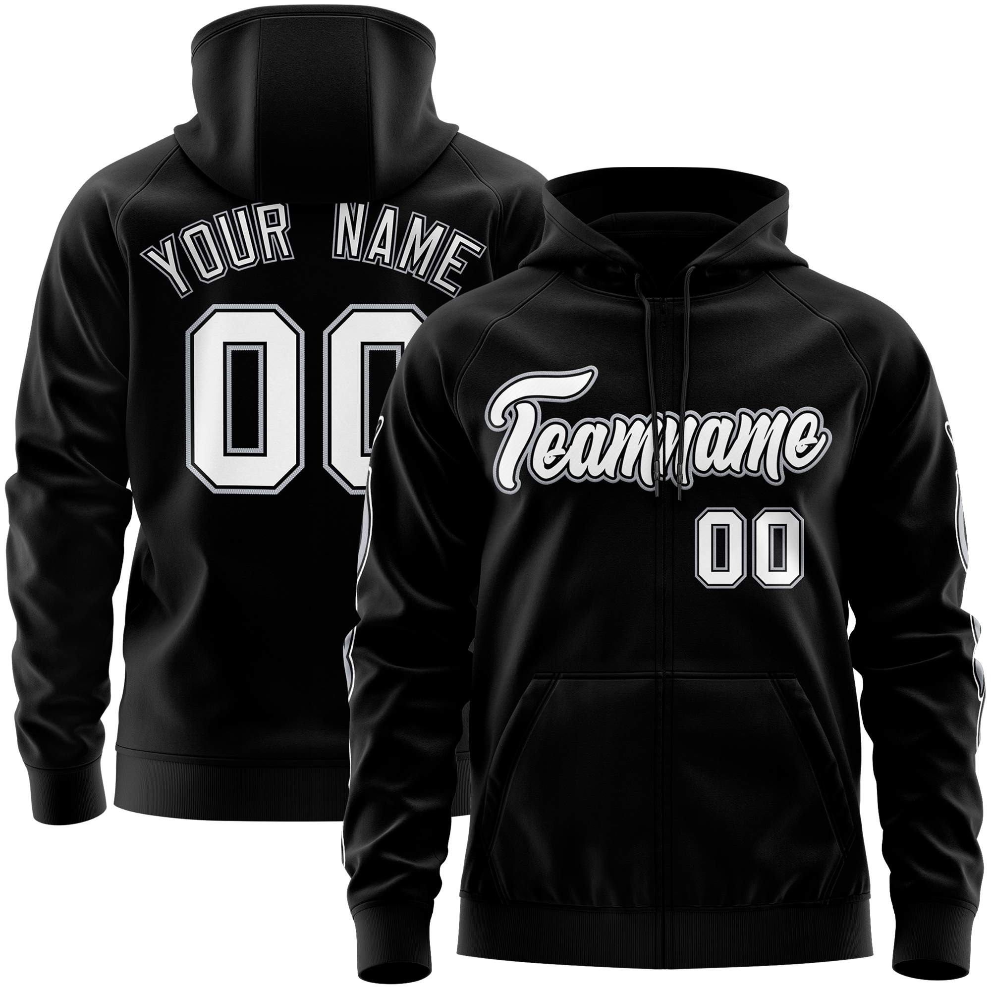 Custom Stitched Black White Sports Full-Zip Sweatshirt Hoodie with Flame