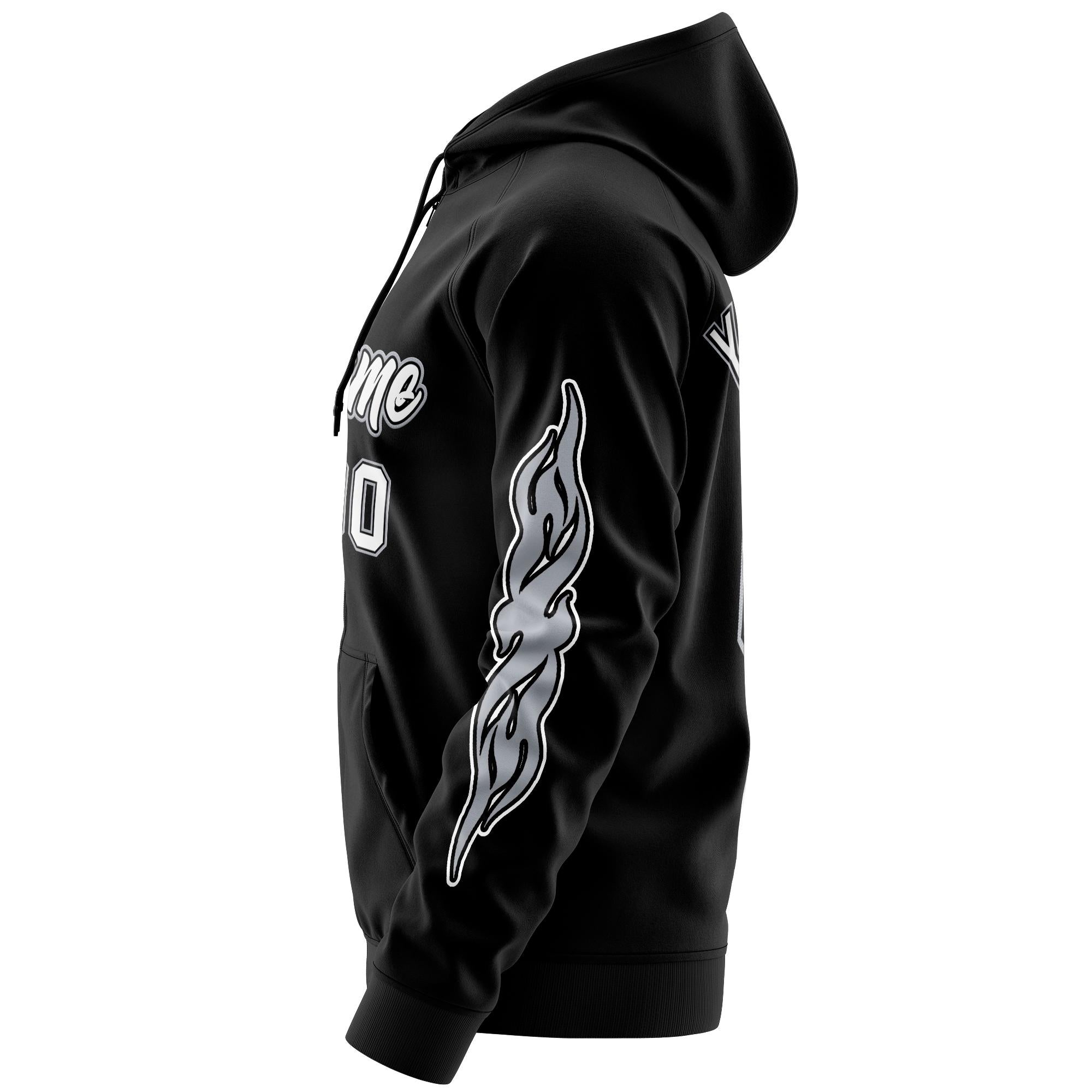 Custom Stitched Black White Sports Full-Zip Sweatshirt Hoodie with Flame