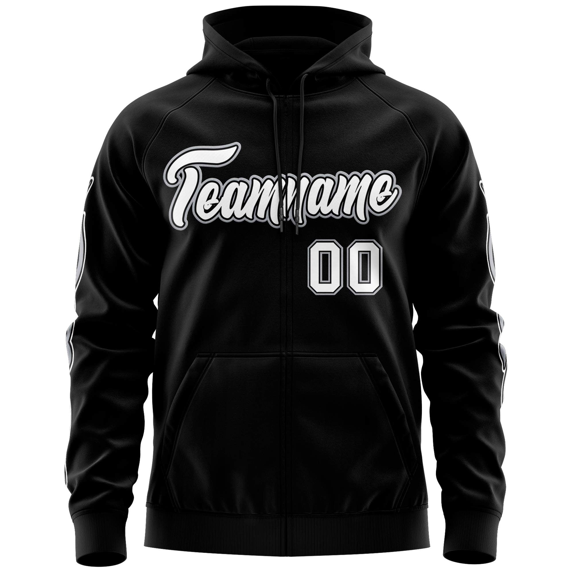 Custom Stitched Black White Sports Full-Zip Sweatshirt Hoodie with Flame