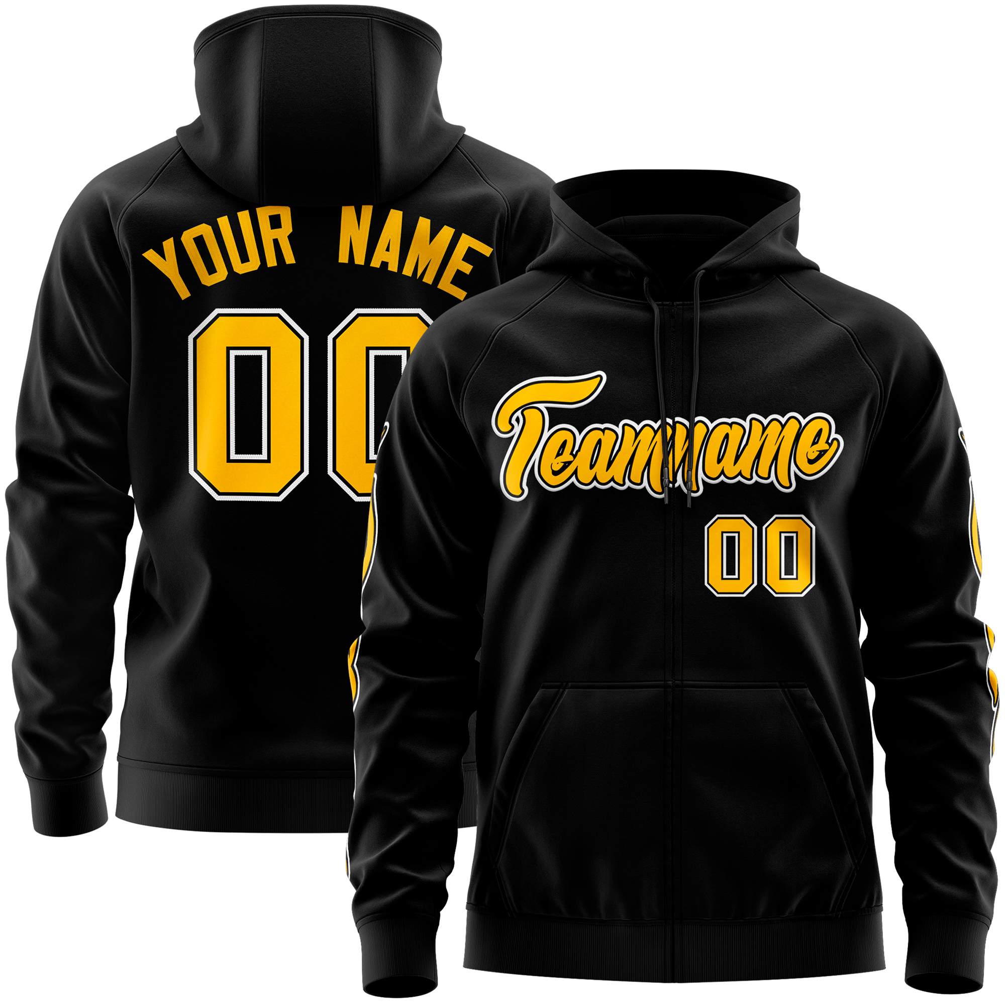 Custom Stitched Black Gold Sports Full-Zip Sweatshirt Hoodie with Flame