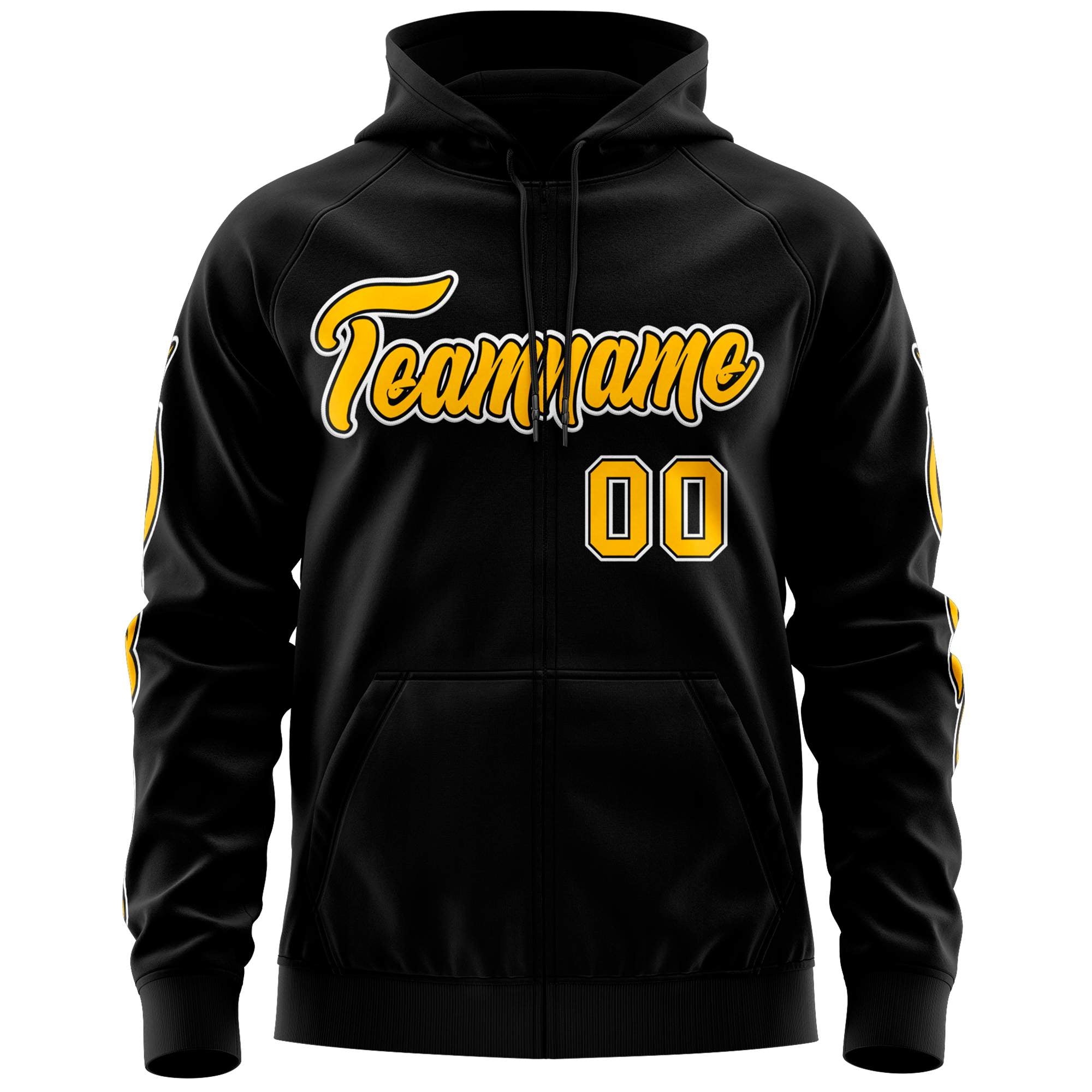 Custom Stitched Black Gold Sports Full-Zip Sweatshirt Hoodie with Flame