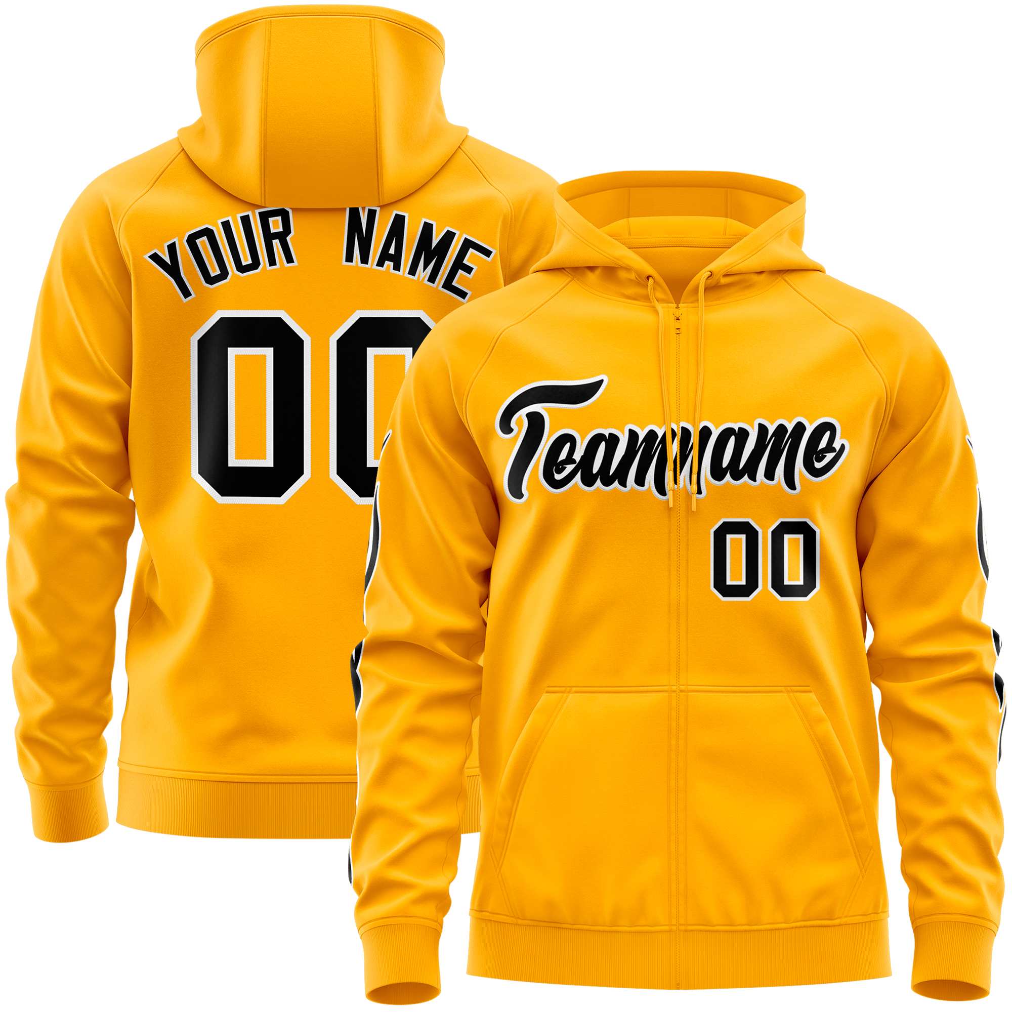 Custom Stitched Gold Black Sports Full-Zip Sweatshirt Hoodie with Flame