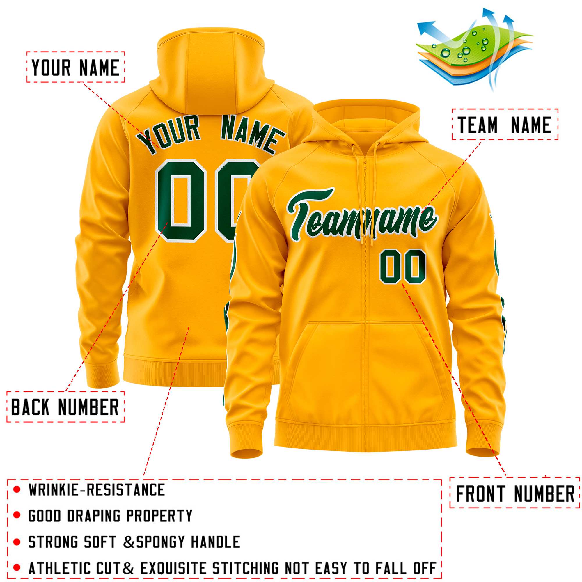 Custom Stitched Gold Green Sports Full-Zip Sweatshirt Hoodie with Flame