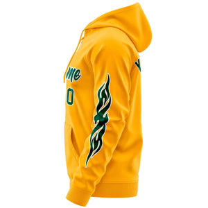 Custom Stitched Gold Green Sports Full-Zip Sweatshirt Hoodie with Flame