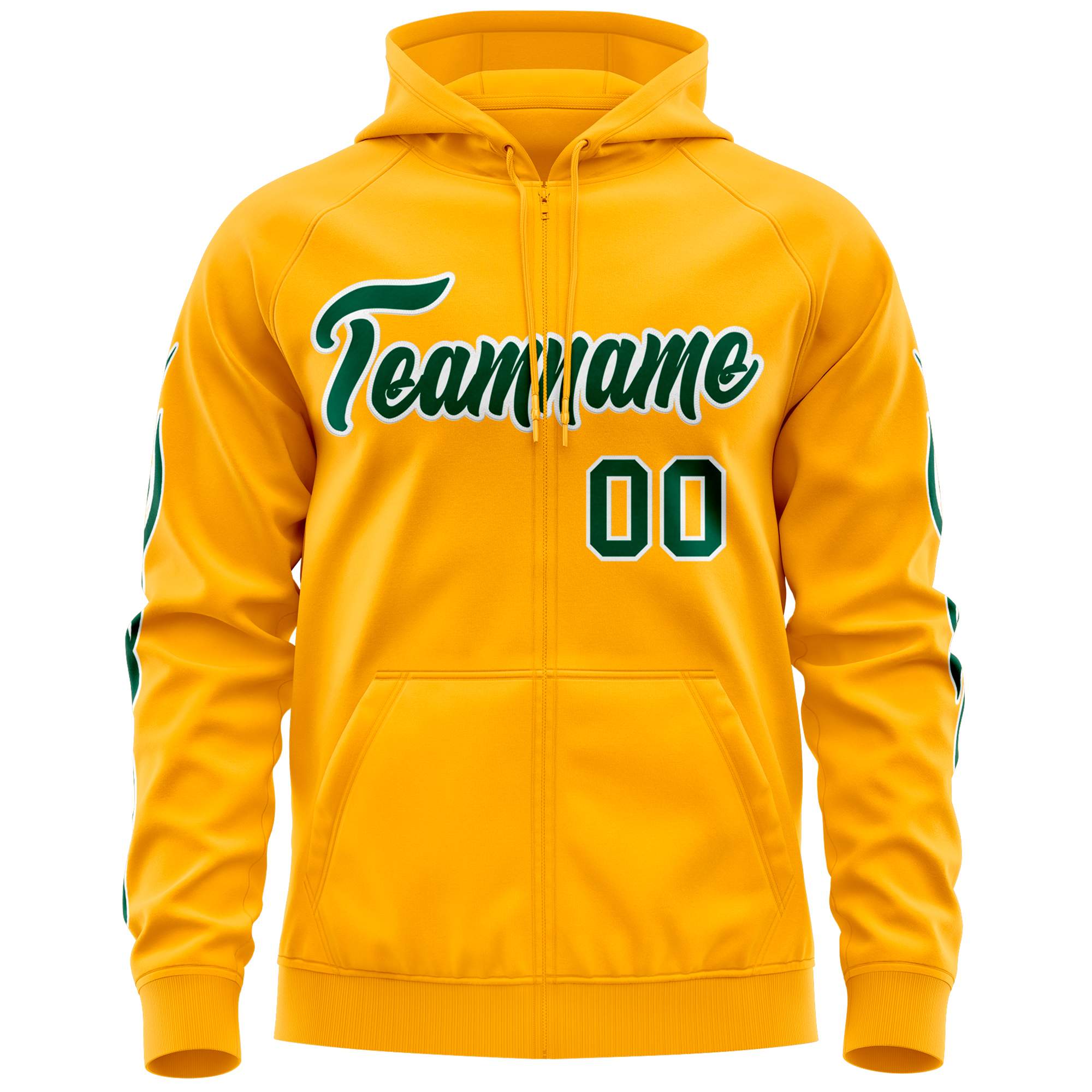 Custom Stitched Gold Green Sports Full-Zip Sweatshirt Hoodie with Flame