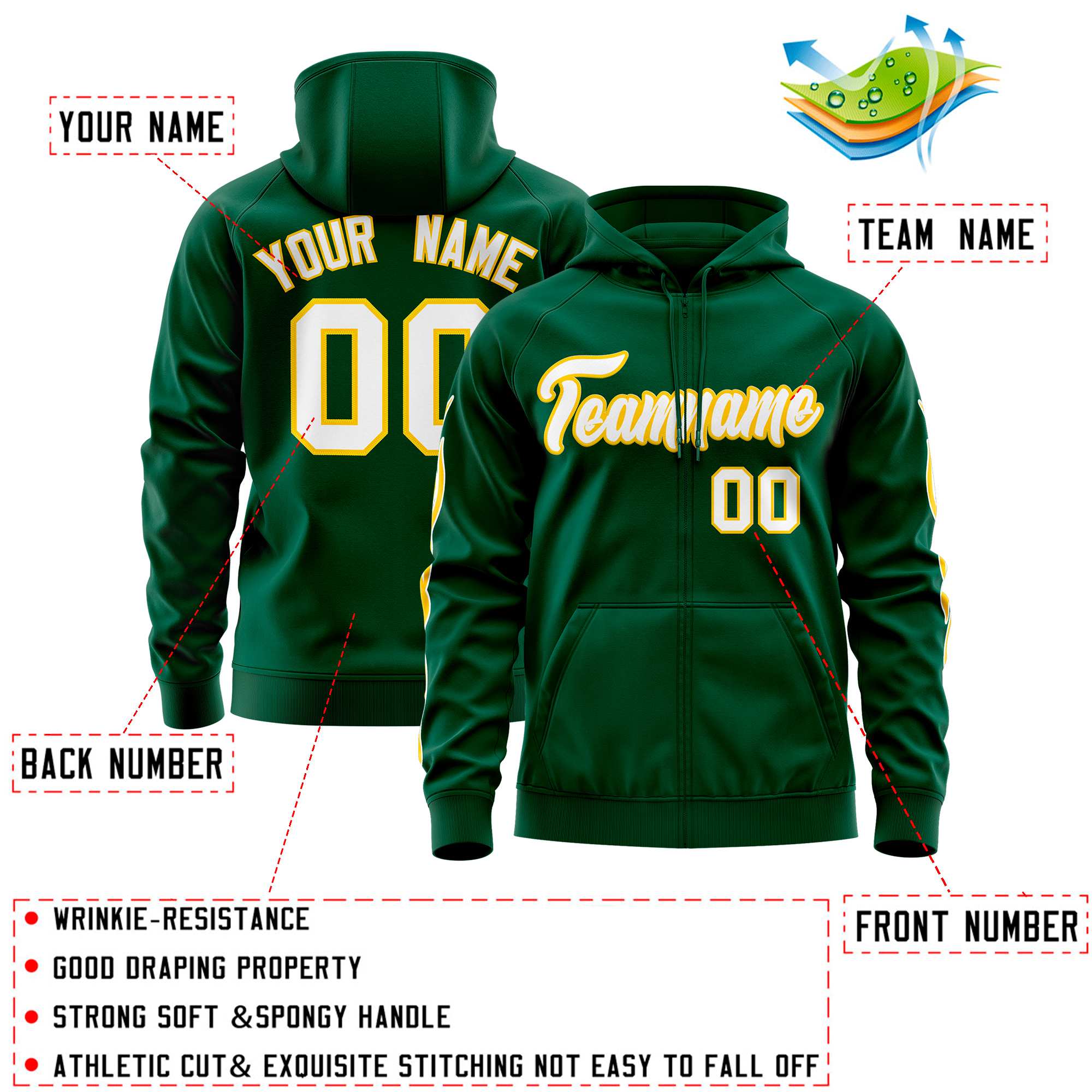 Custom Stitched Green White Sports Full-Zip Sweatshirt Hoodie with Flame