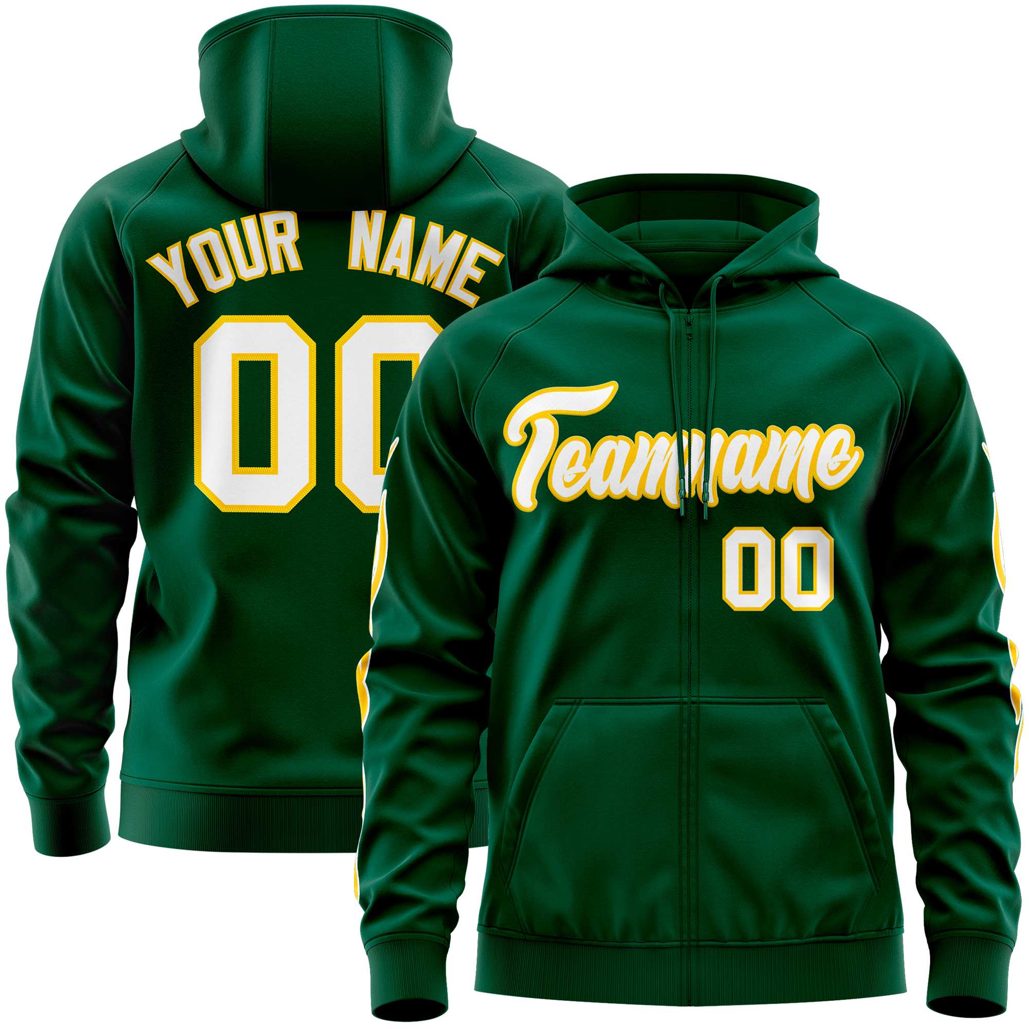 Custom Stitched Green White Sports Full-Zip Sweatshirt Hoodie with Flame