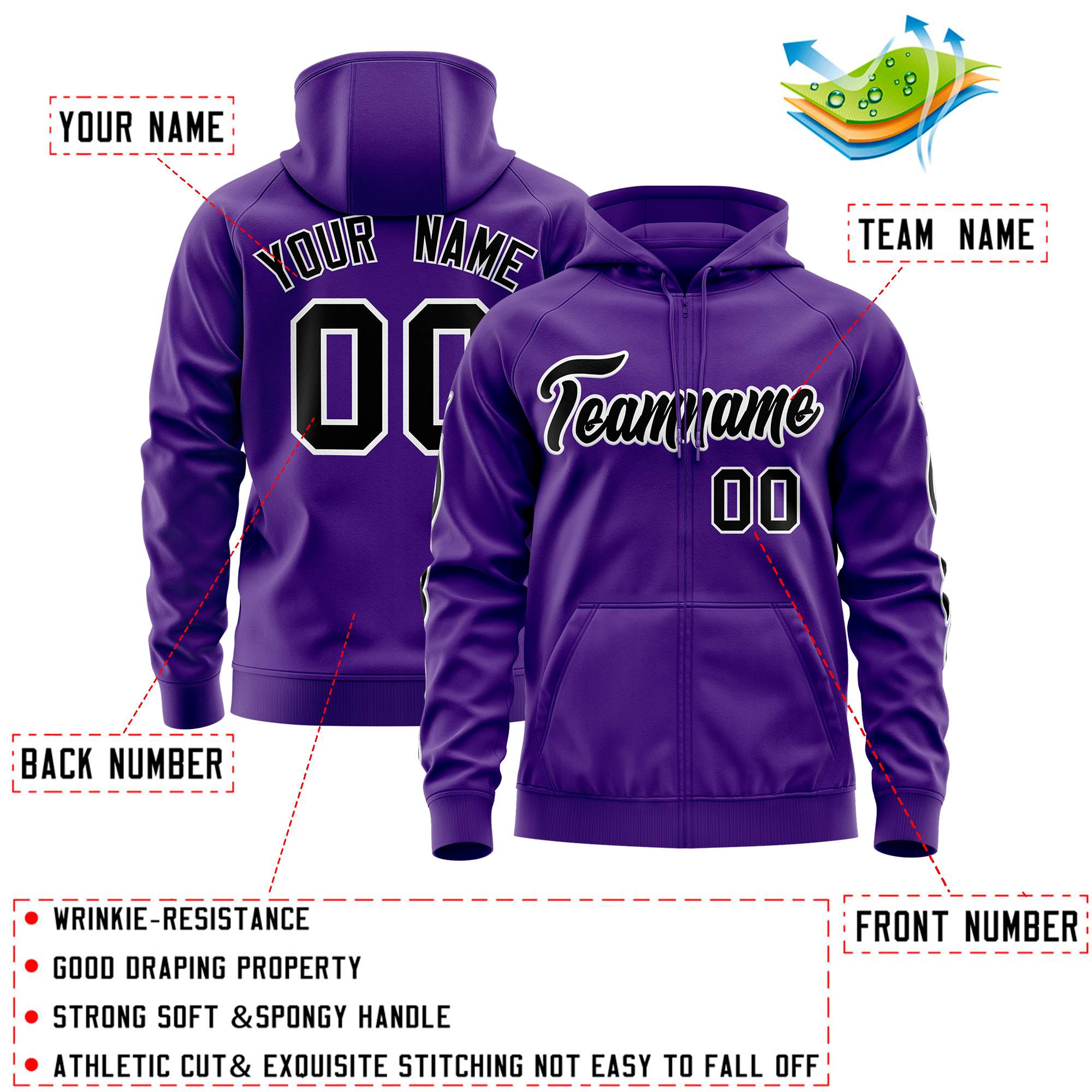 Custom Stitched Purple Black Sports Full-Zip Sweatshirt Hoodie with Flame