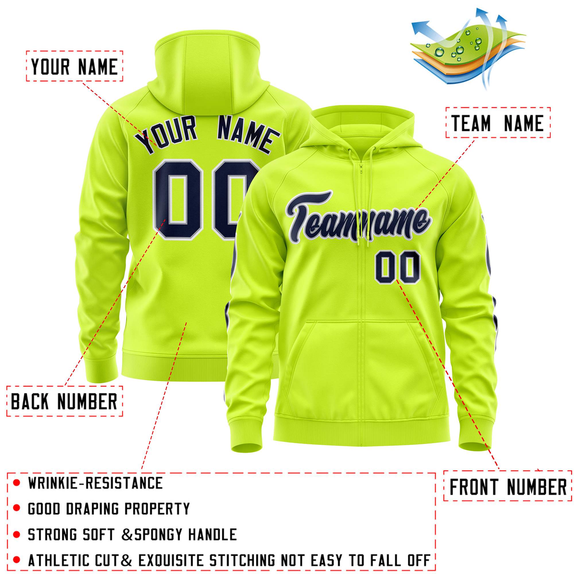 Custom Stitched Neon Green Navy Sports Full-Zip Sweatshirt Hoodie with Flame