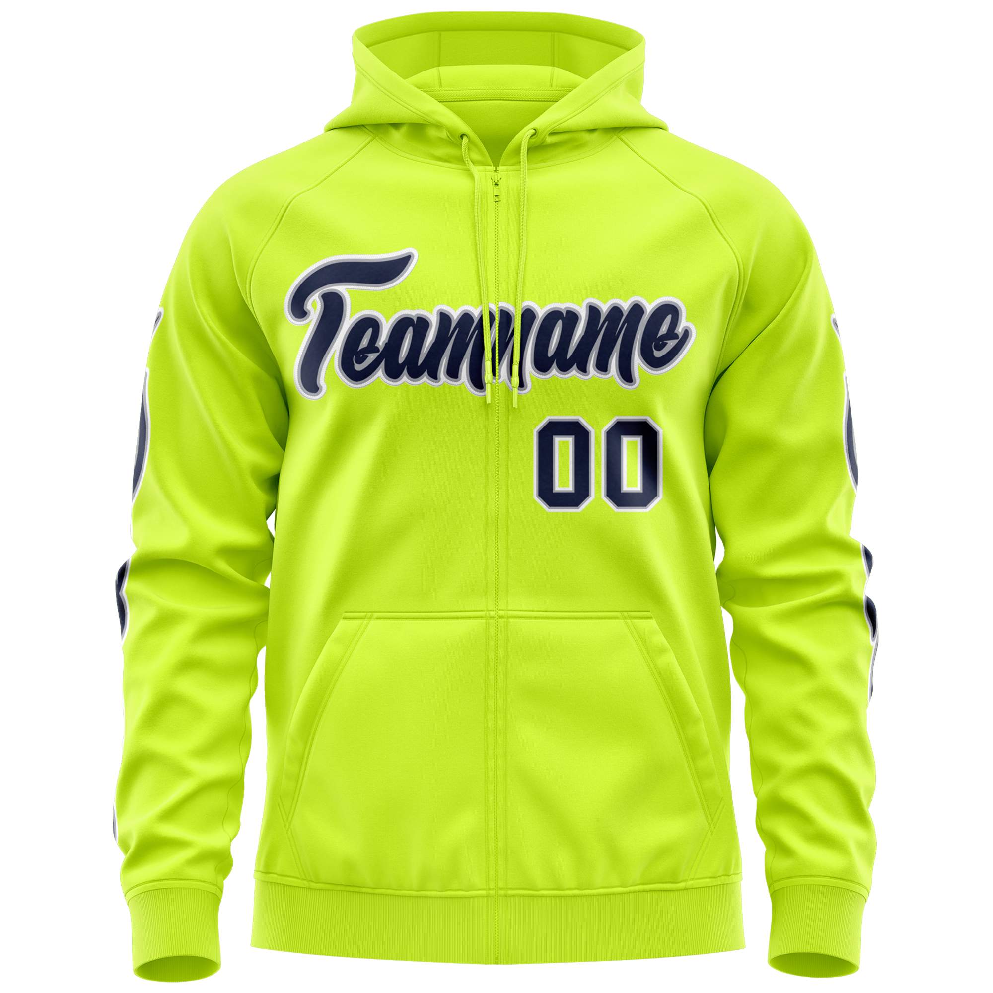 Custom Stitched Neon Green Navy Sports Full-Zip Sweatshirt Hoodie with Flame