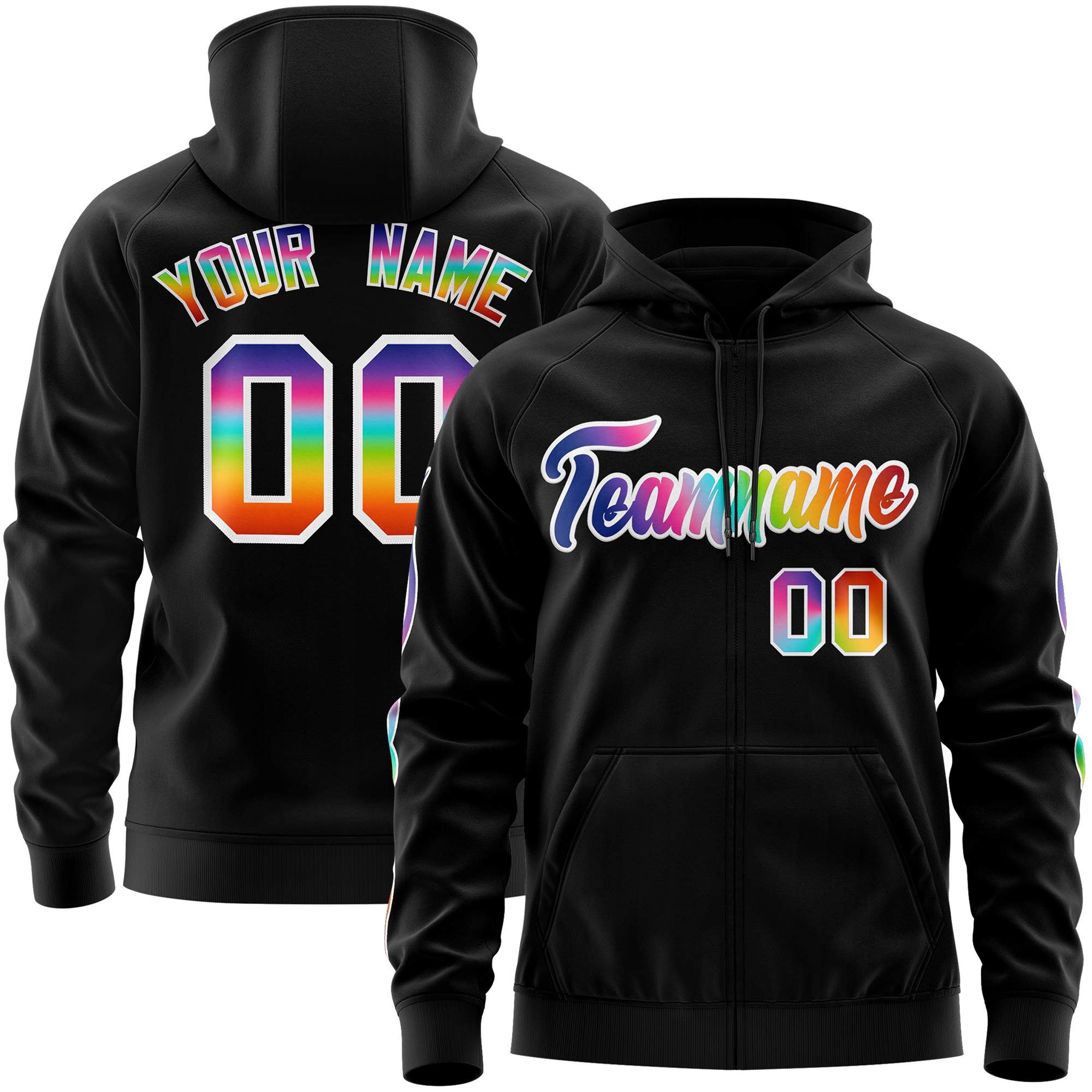 Custom Stitched Black White Sports Full-Zip Sweatshirt Hoodie with Colored Flames