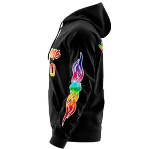 Custom Stitched Black White Sports Full-Zip Sweatshirt Hoodie with Colored Flames