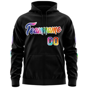 Custom Stitched Black White Sports Full-Zip Sweatshirt Hoodie with Colored Flames