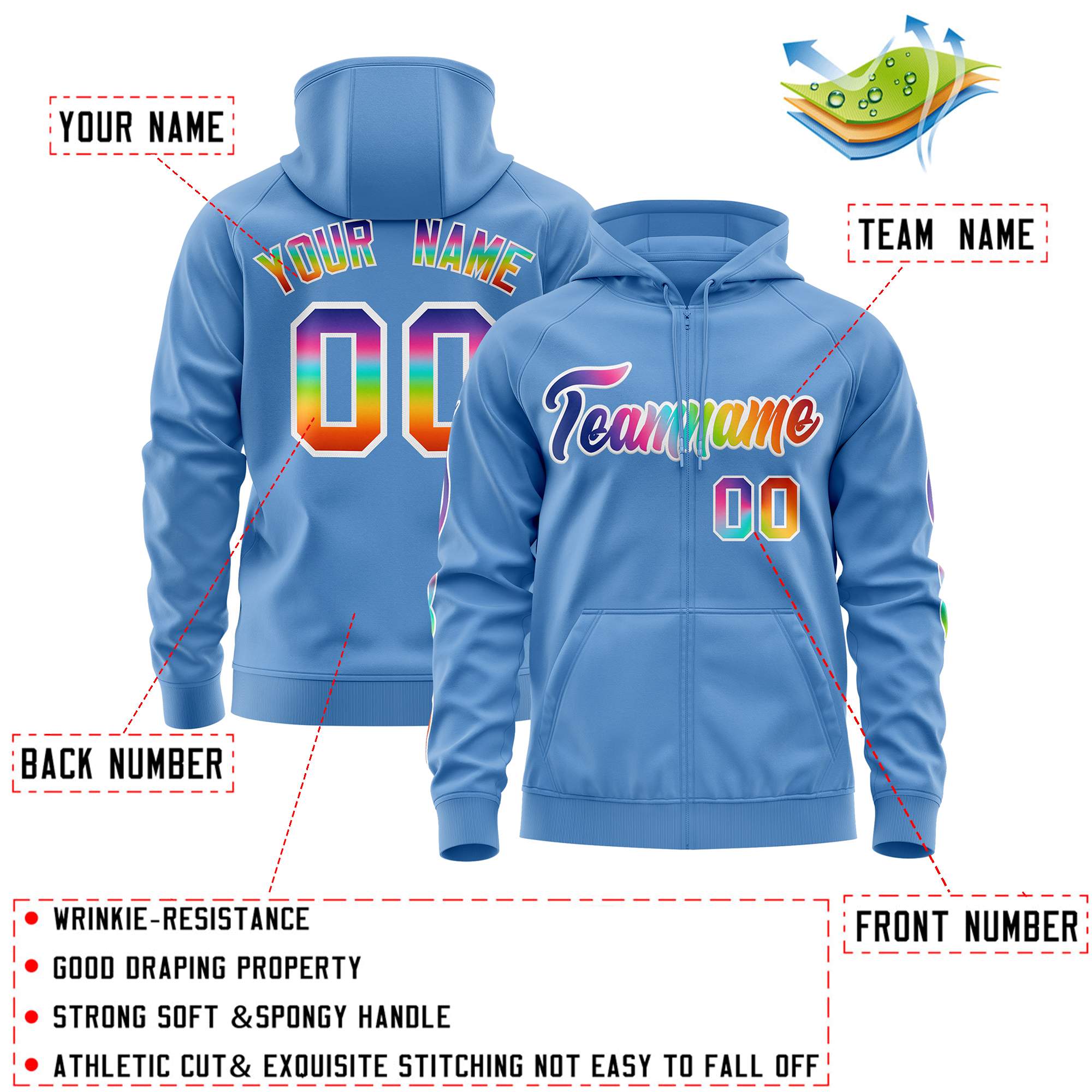 Custom Stitched Light Blue White Sports Full-Zip Sweatshirt Hoodie with Colored Flames