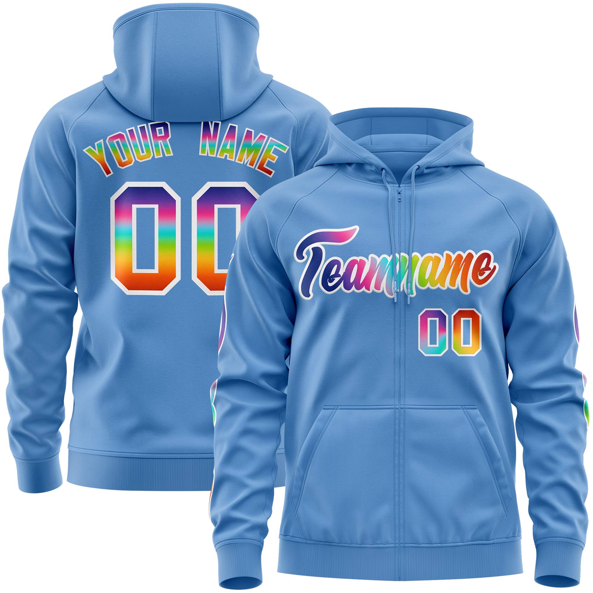 Custom Stitched Light Blue White Sports Full-Zip Sweatshirt Hoodie with Colored Flames