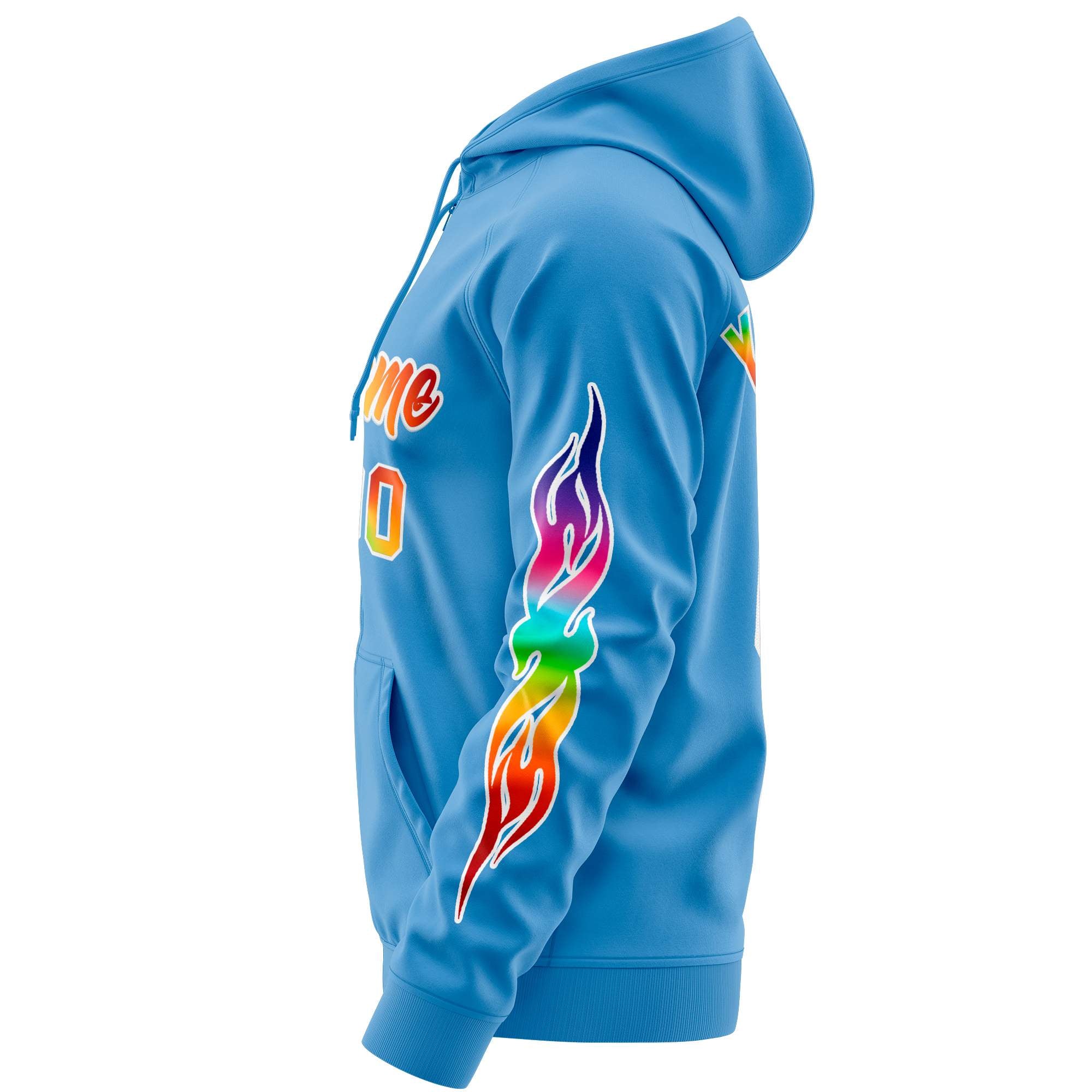 Custom Stitched Light Blue White Sports Full-Zip Sweatshirt Hoodie with Colored Flames