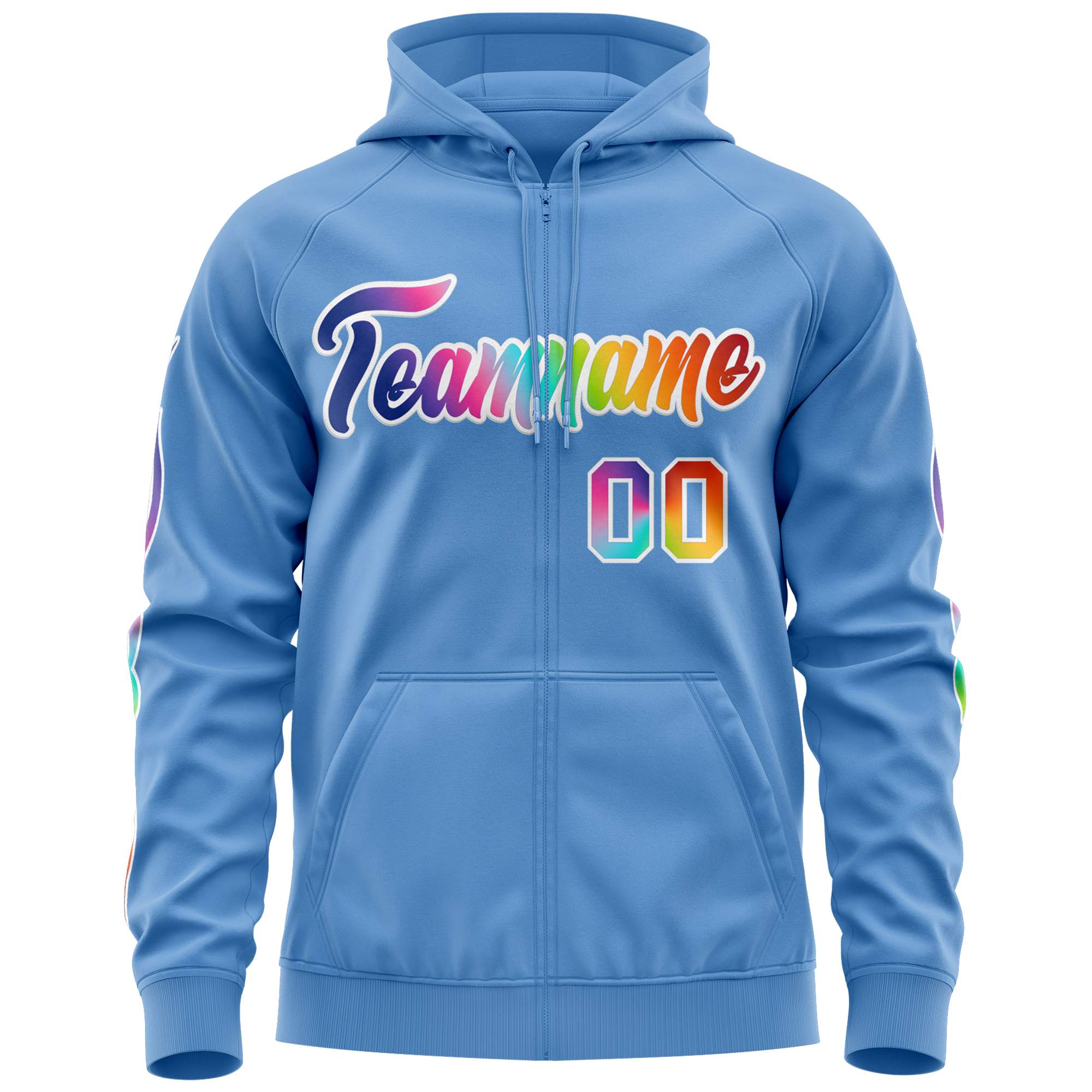 Custom Stitched Light Blue White Sports Full-Zip Sweatshirt Hoodie with Colored Flames