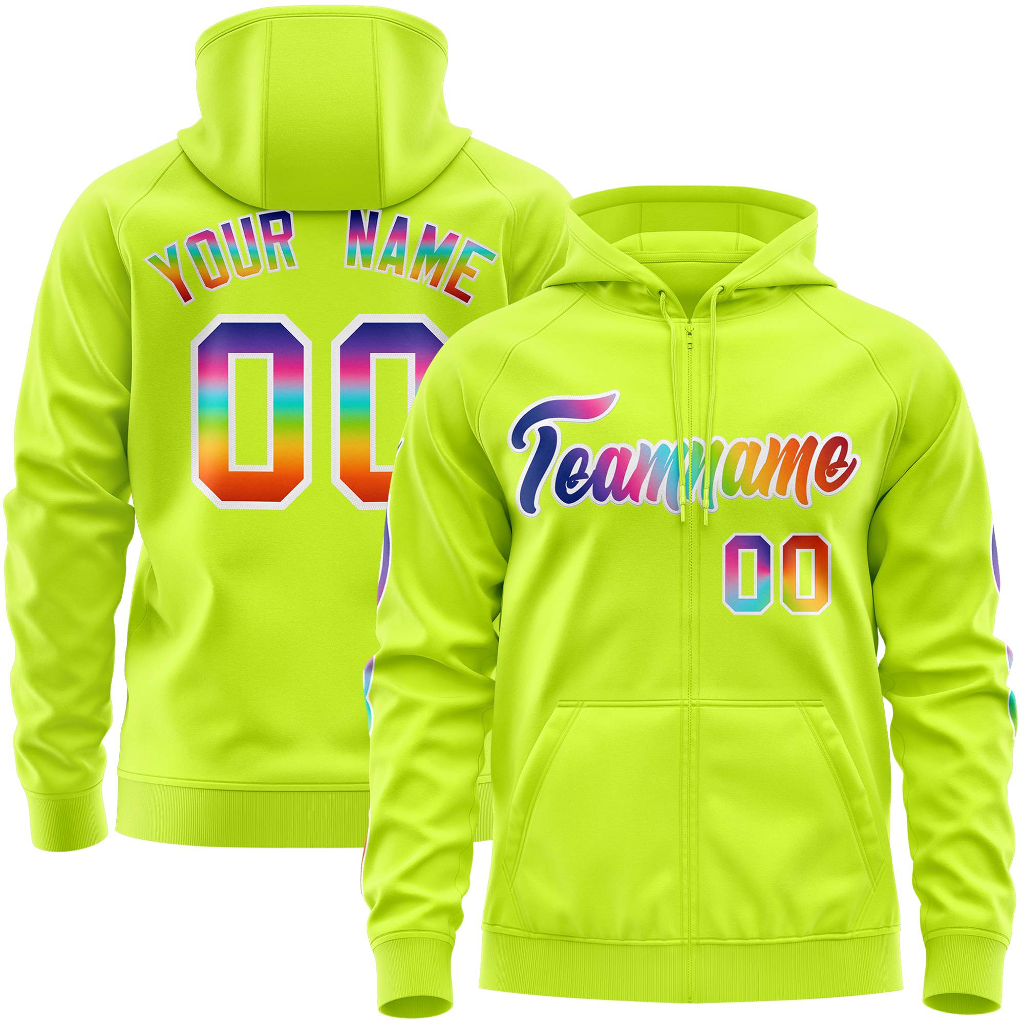 Custom Stitched Neon Green White Sports Full-Zip Sweatshirt Hoodie with Colored Flames