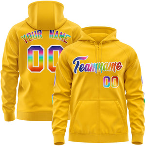 Custom Stitched Gold White Sports Full-Zip Sweatshirt Hoodie with Colored Flames